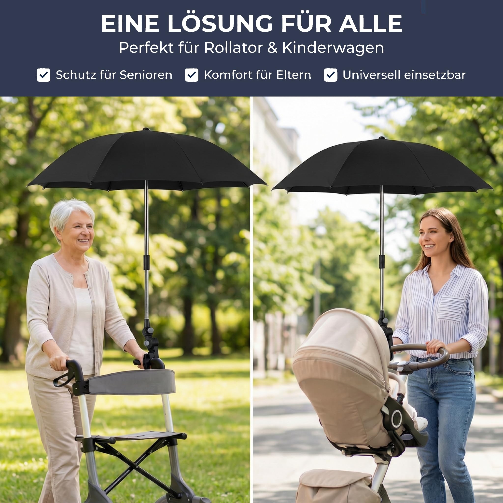 Regenschirm für Rollator und Kinderwagen mit Halterung, höhenverstellbarer Rollator Schirm - Praktische Rollator Schirmhalterung