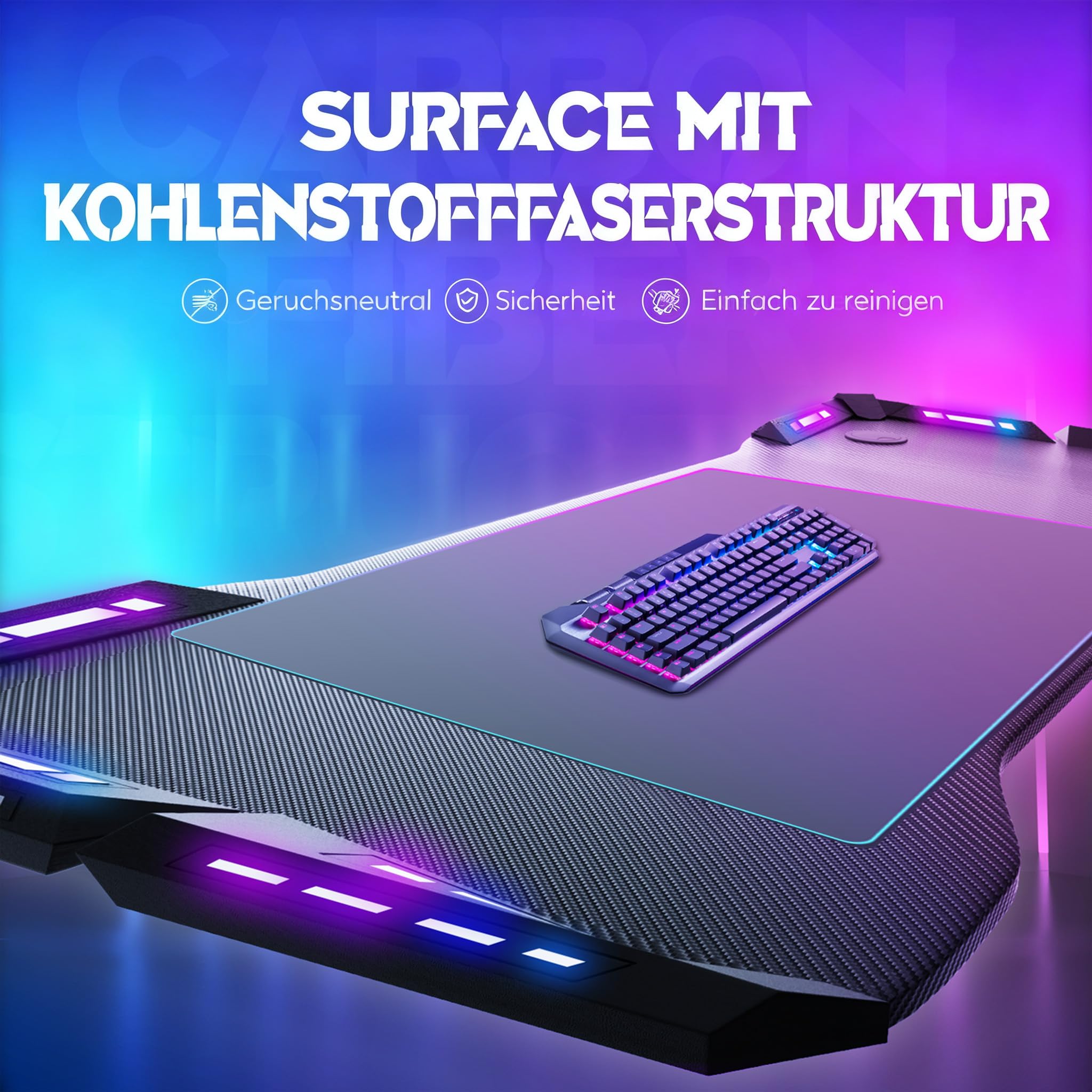 YUENFONG Gaming Tisch mit LED, 160x60cm Schreibtisch Y-Frame Computertisch mit Kohlefaser-Oberfläche, Ergonomischer PC Tisch inkl. Fernbedienung Tassenhalter & Kopfhörerhaken, Schwarz
