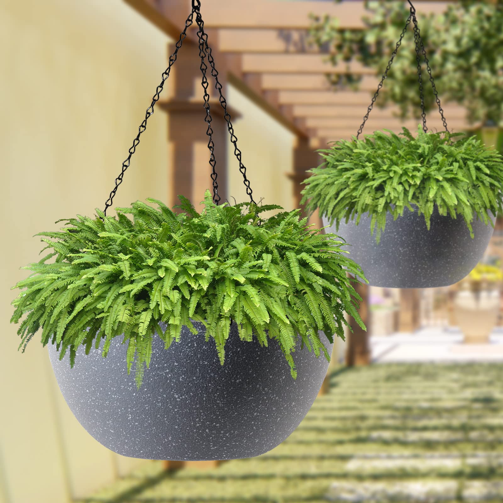 WOUSIWER 13 inch 2 Pack Large Hanging Planters for Indoor Outdoor Plants with Drainage Holes and Chain, Round Hanging Flower Pots for Garden Home Porch Decor, Grey Speckles