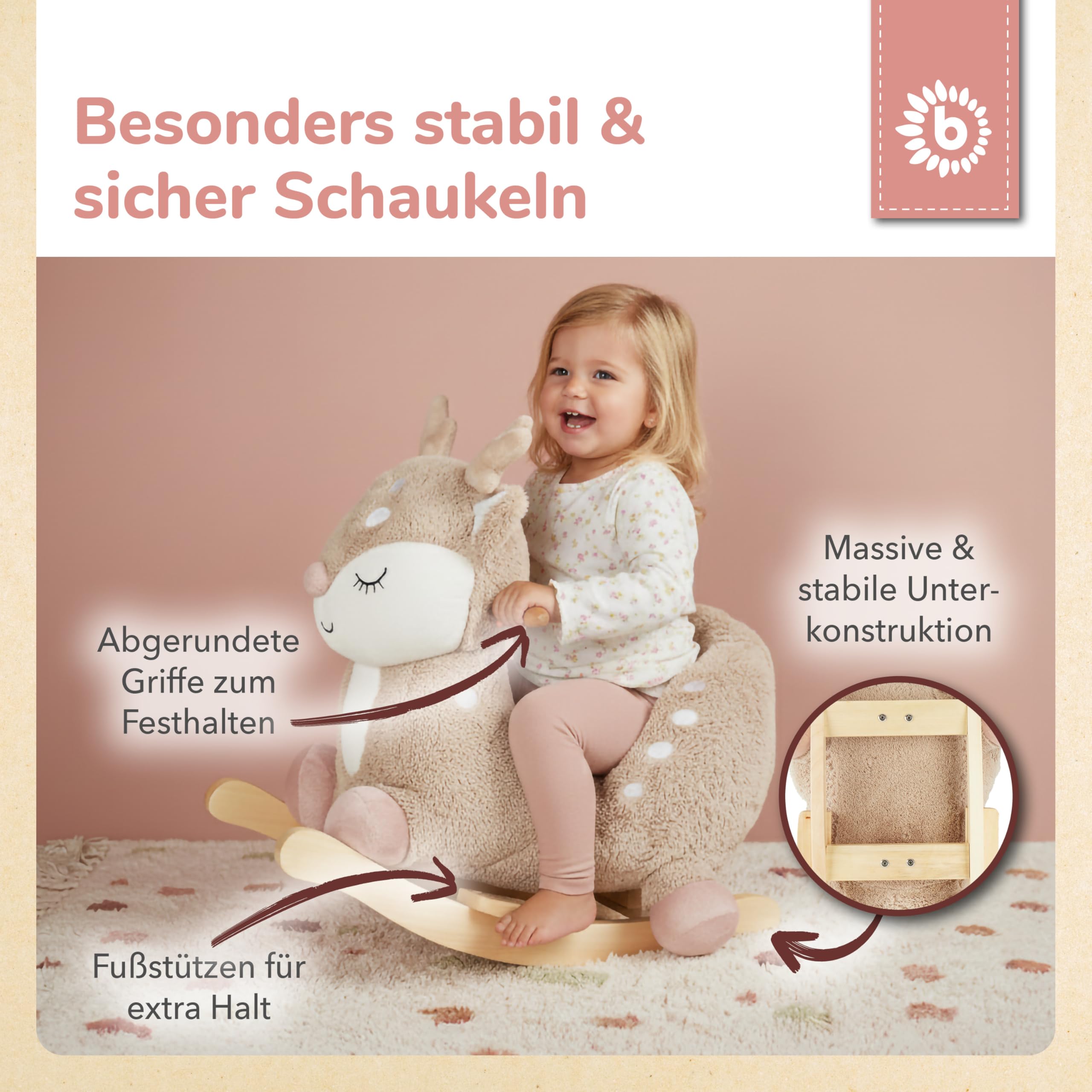 Bieco Plüsch Schaukeltier REH, 60 cm | Kinder Schaukelstuhl mit Sicherheitsgurt | Baby Schaukel | Schaukel Kleinkind | Schaukeltier Baby Schaukelwippe ab 9 Monate | Schaukelpferd Holz