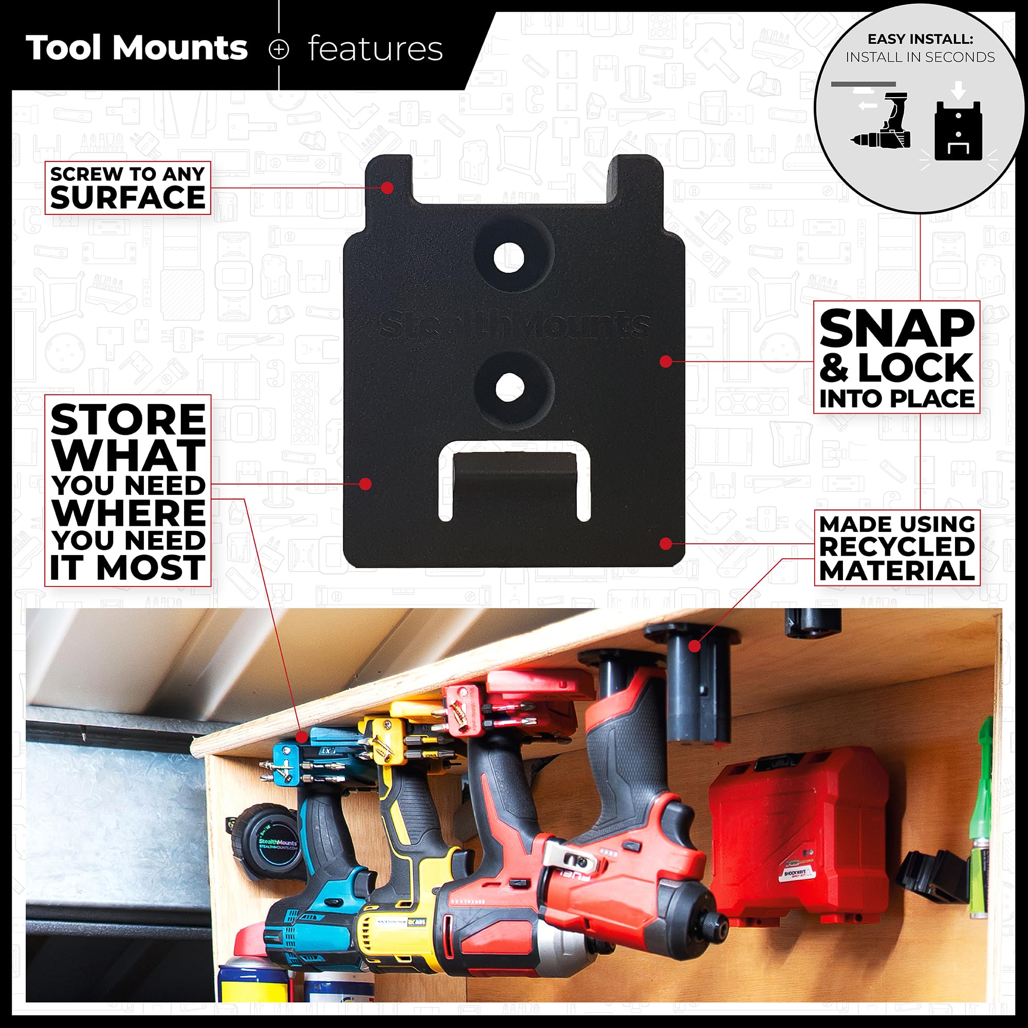 StealthMounts Portaherramientas compatibles con DeWalt MAX + XR + Flexvolt | Soportes de herramientas inalámbricos compatibles con herramientas eléctricas DeWalt de 18 V + 20 V + 54 V + 60 V | Paquete