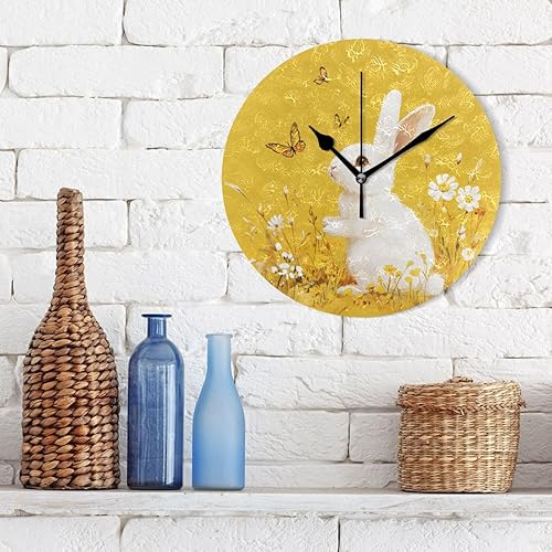 Miniatura 3 de Reloj de pared redondo de conejo de dibujos animados blanco de 10 pulgadas, retro, sin tictac, simple para casa de campo, oficina, hogar, reloj de