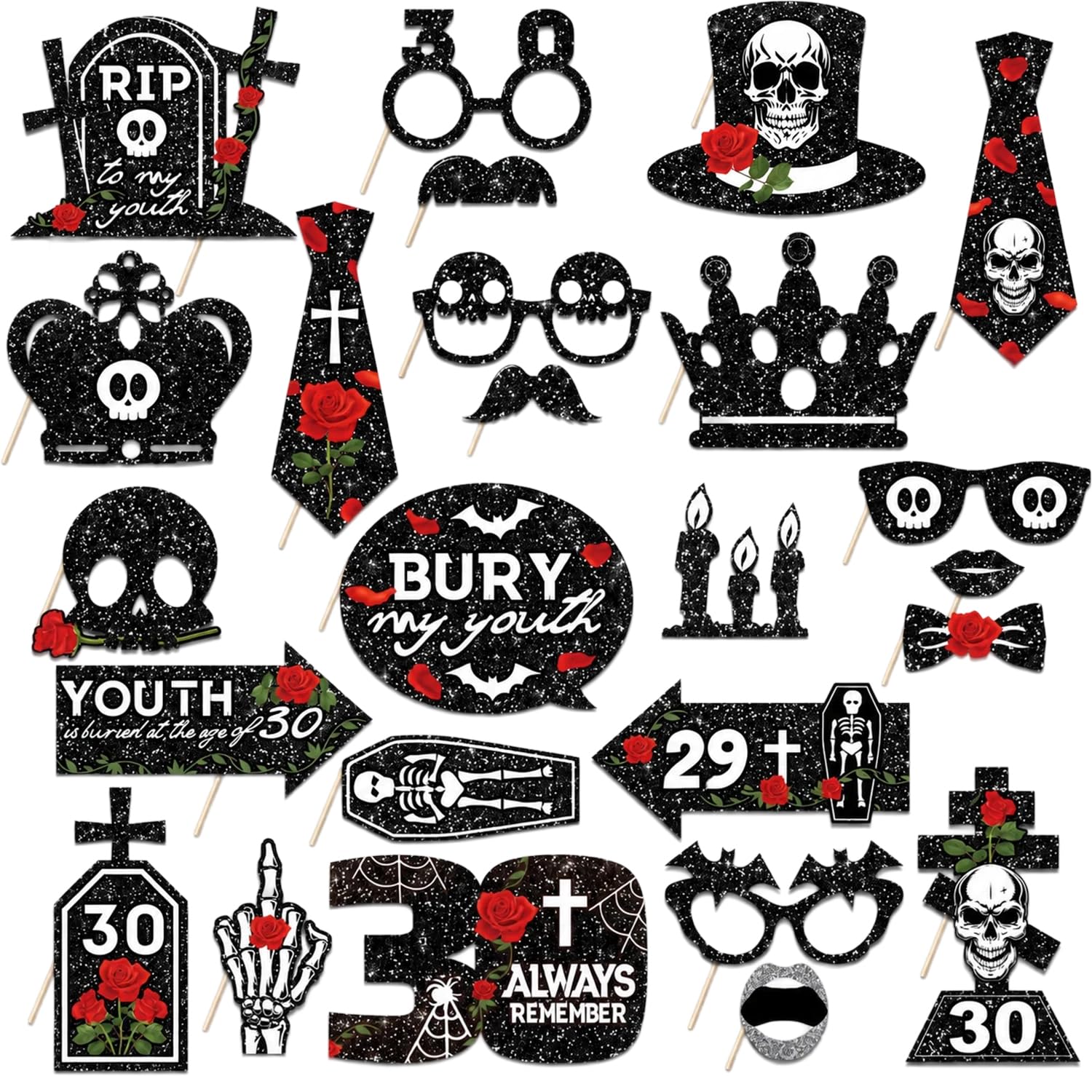 30th Birthday Props for Photobooth, Black Rip 20s Birthday Decorations