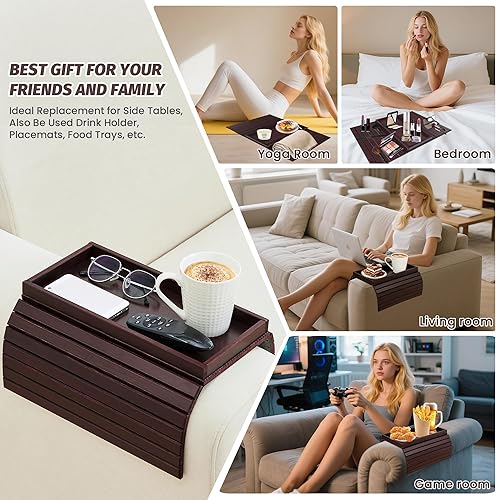 Miniatura 4 de GEHE Bandeja de brazo de bambú para sofá, mesa auxiliar plegable para brazo de sofá, mesa auxiliar con reposabrazos anticaídas, soporte para tazas