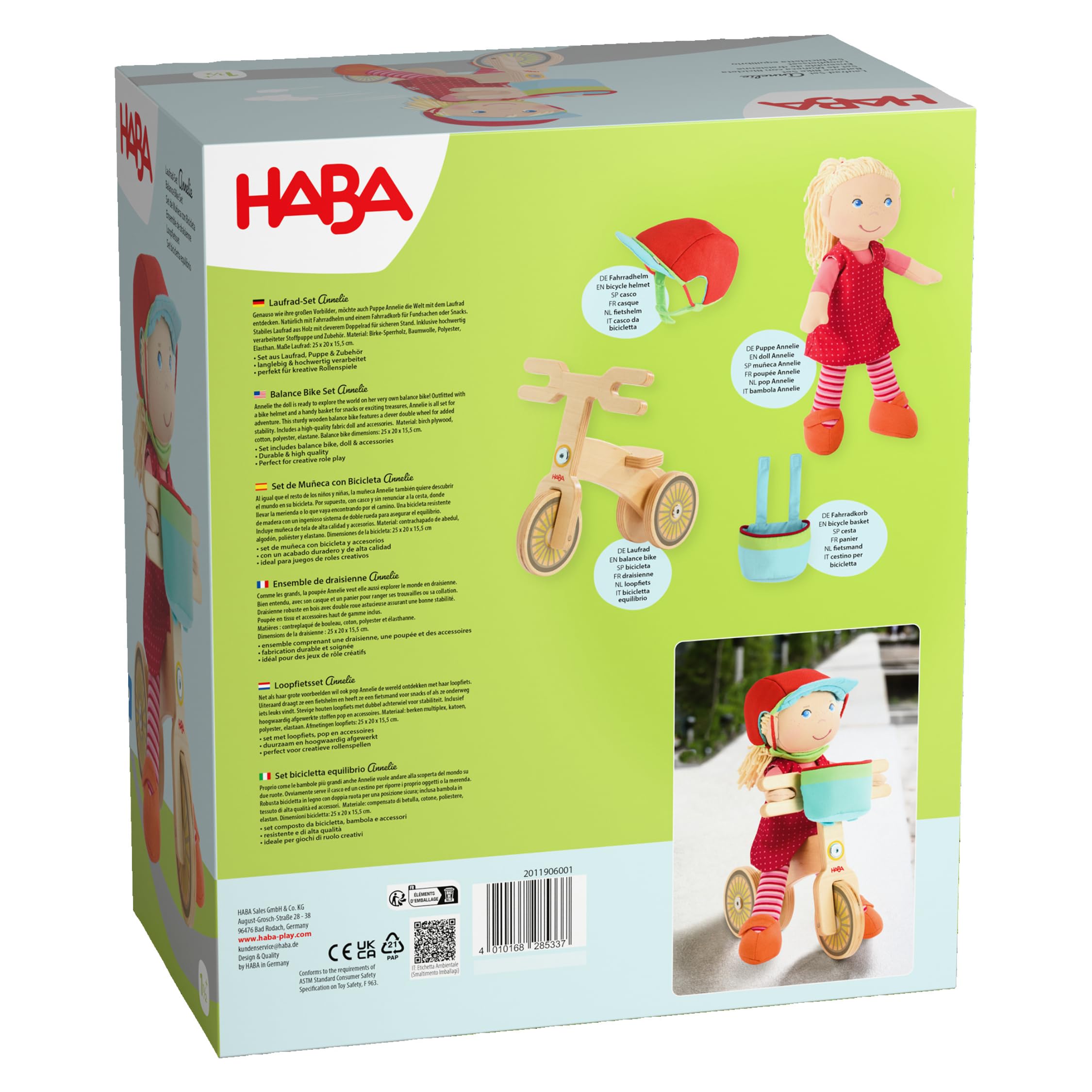 HABA Laufrad-Set Annelie – Puppen-Set mit Puppe Annelie, Holz-Laufrad ,Fahrradhelm und Korb, für Kinder ab 18 Monaten – 2011906001