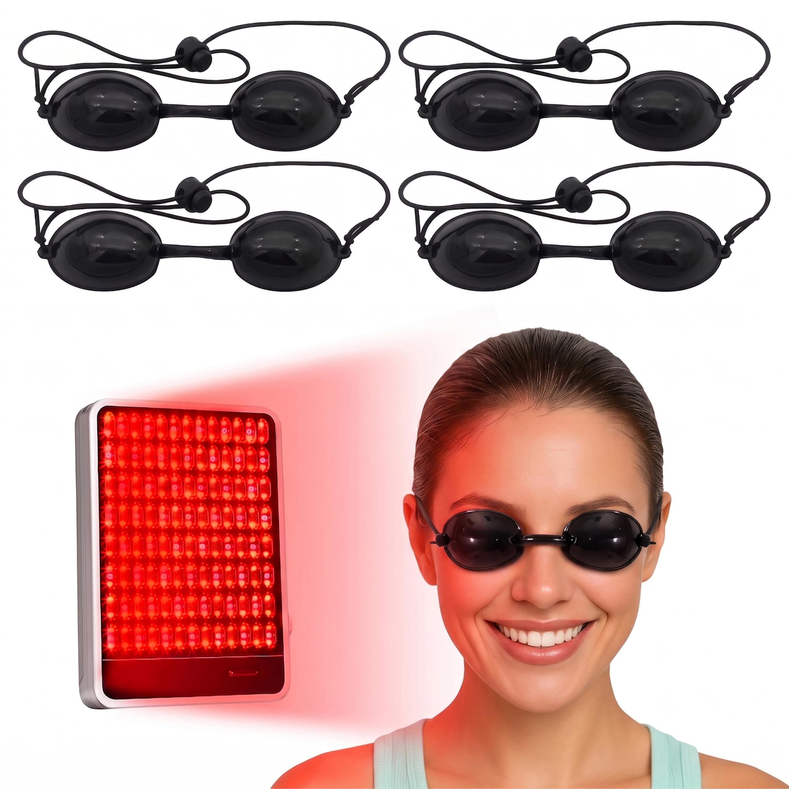 4-Pack See-Through Red Light Therapy Goggles, Half-Clear Safety Glasses for Tanning Beds & Laser Beauty, Adjustable UV Eye Protection for Sunbathing & Facial Spas, 2 Storage Bags Included (4P Black A)