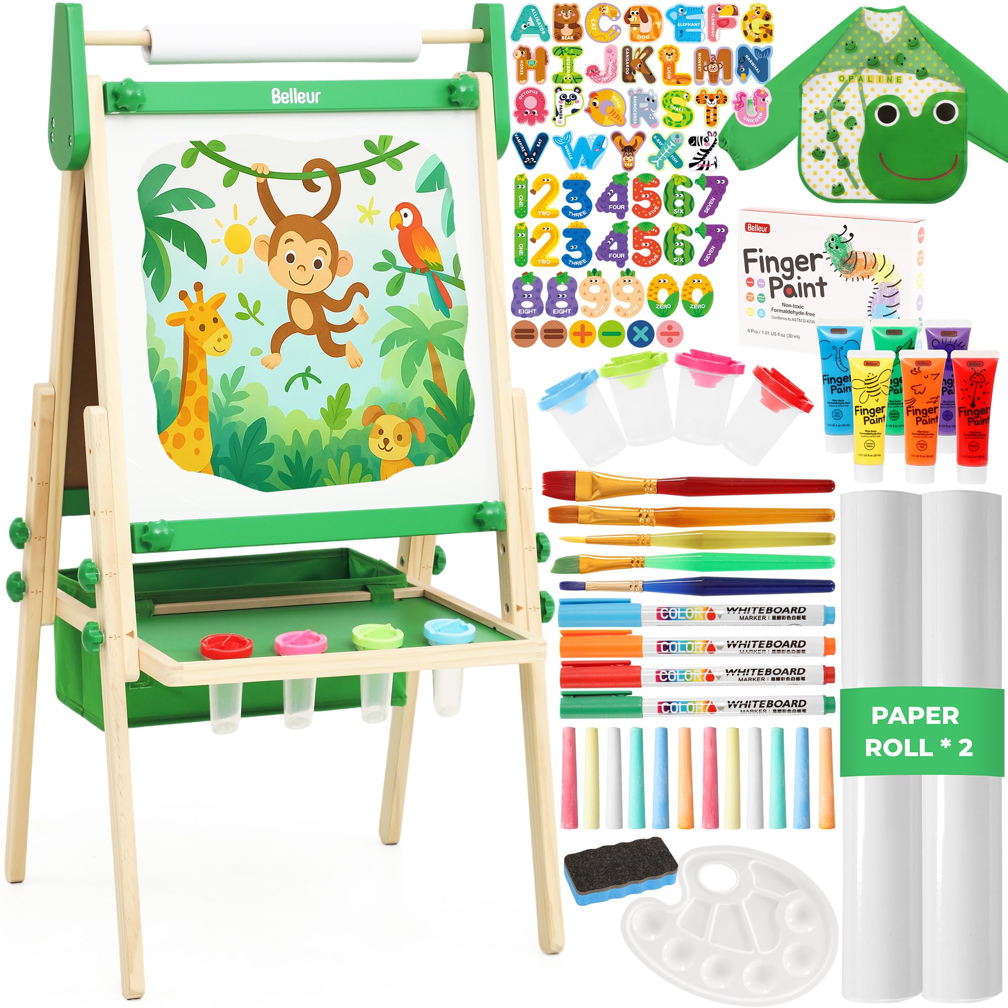 Belleur All-in-One Art Easel for Kids, Adjustable Double Sided Easel for Toddlers with Magnetic Whiteboard & Dry-Erase Chalk Board & Paper Roll, Child