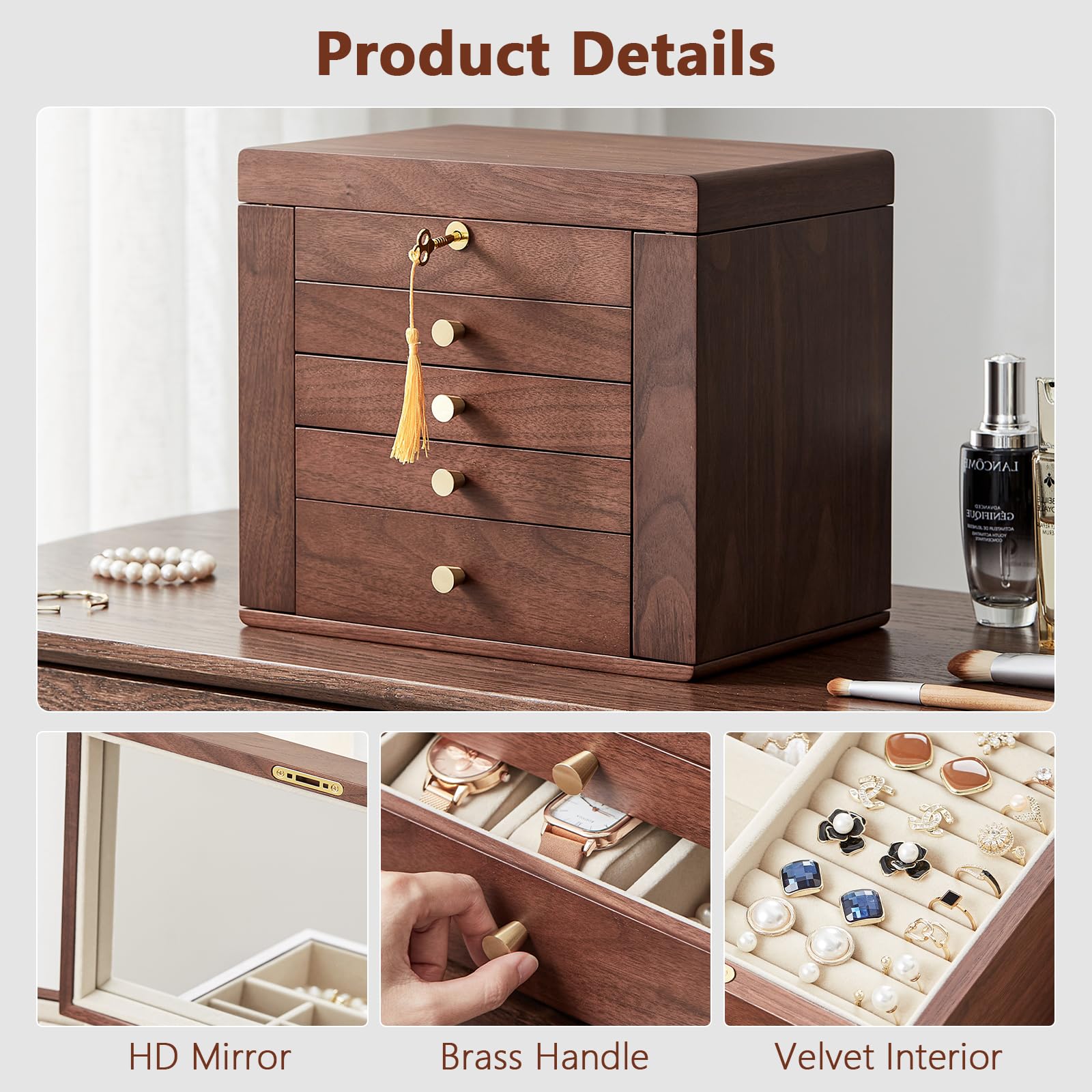 ProCase Grote juwelendoos, 7-laags houten sieradenhouder met spiegel voor oorbellen, armband, ketting en horlogering - bruin
