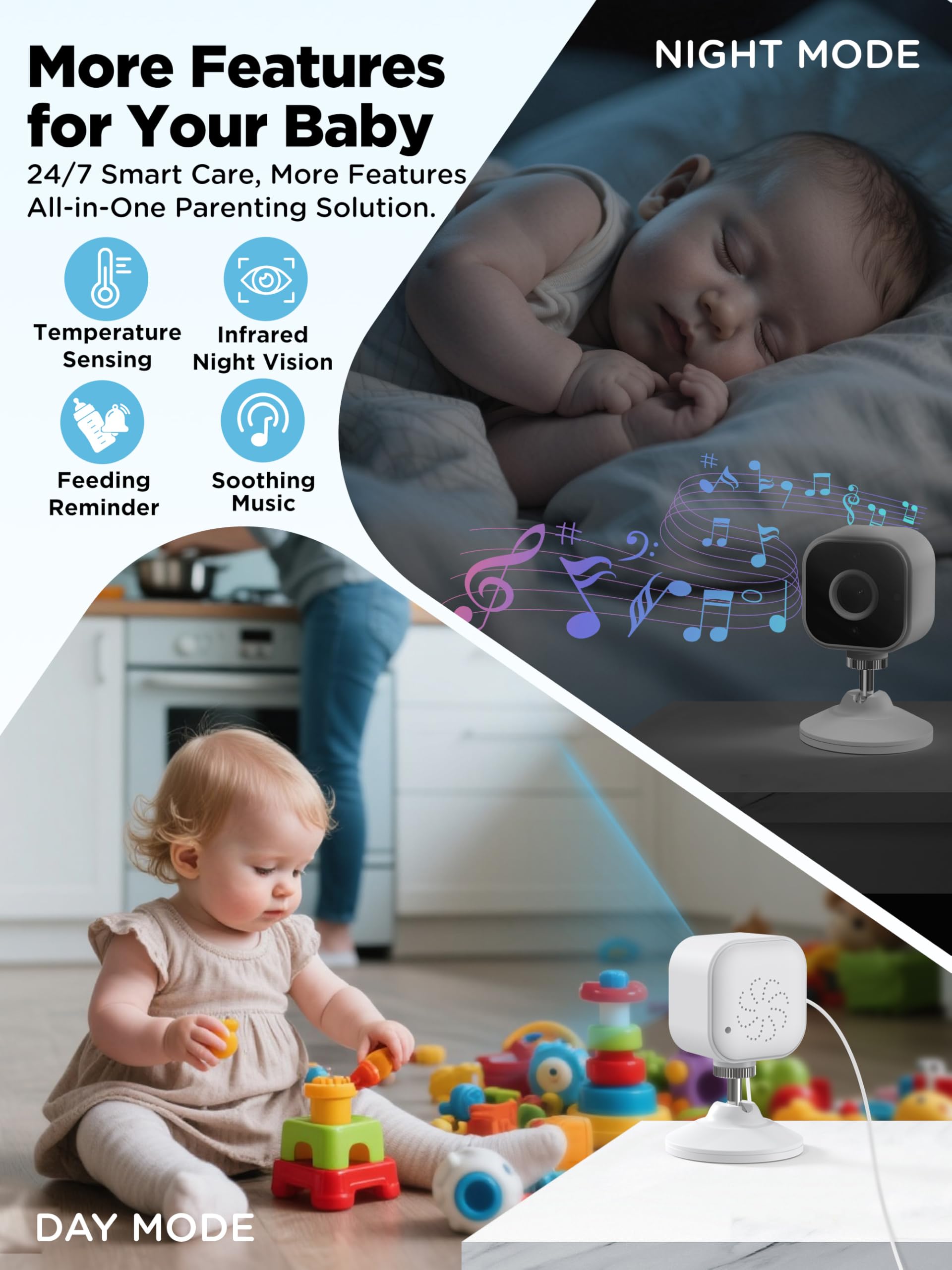 NUOTUN Monitor de bebé con cámara y visión nocturna - Monitor de cámara de bebé HD portátil con clip para cuna y soporte, sin WiFi, 2.4GHz seguro, detección de llanto, zoom 4X, recordatorio, detección