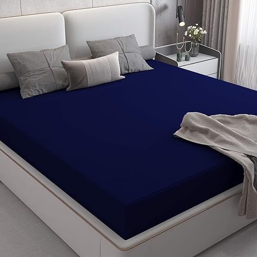 DREAM CARE Water Proof Lycra Stretchable Fitted Mattress Protector 78x72 Inch for Double Bed King Size With Elastic Strap | Water Resistant Ultra Soft Mattress Cover | Hypoallergenic (Navy Blue)