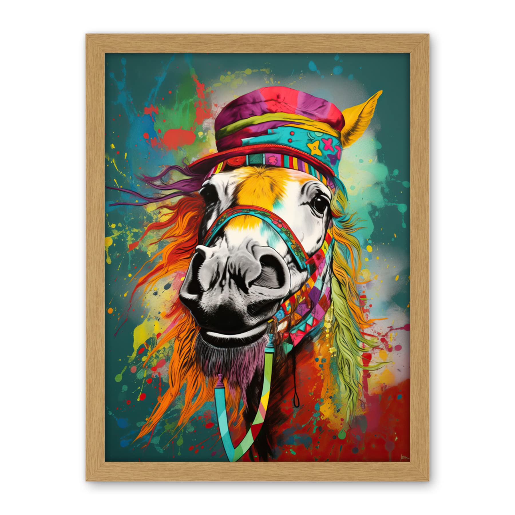 Artery8 Hippie Horse with Multicoloured Hat and Bridles Artwork Framed Wall Art Print 18X24 Inch