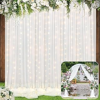 BBTO 2 Panels White Backdrop Curtains with Lights White Curtains for Parties LED Polyester Wedding Backdrop Window Curtains for Ceremony Birthday Bridal Baby Shower Graduation Decorations 5ft x 10ft