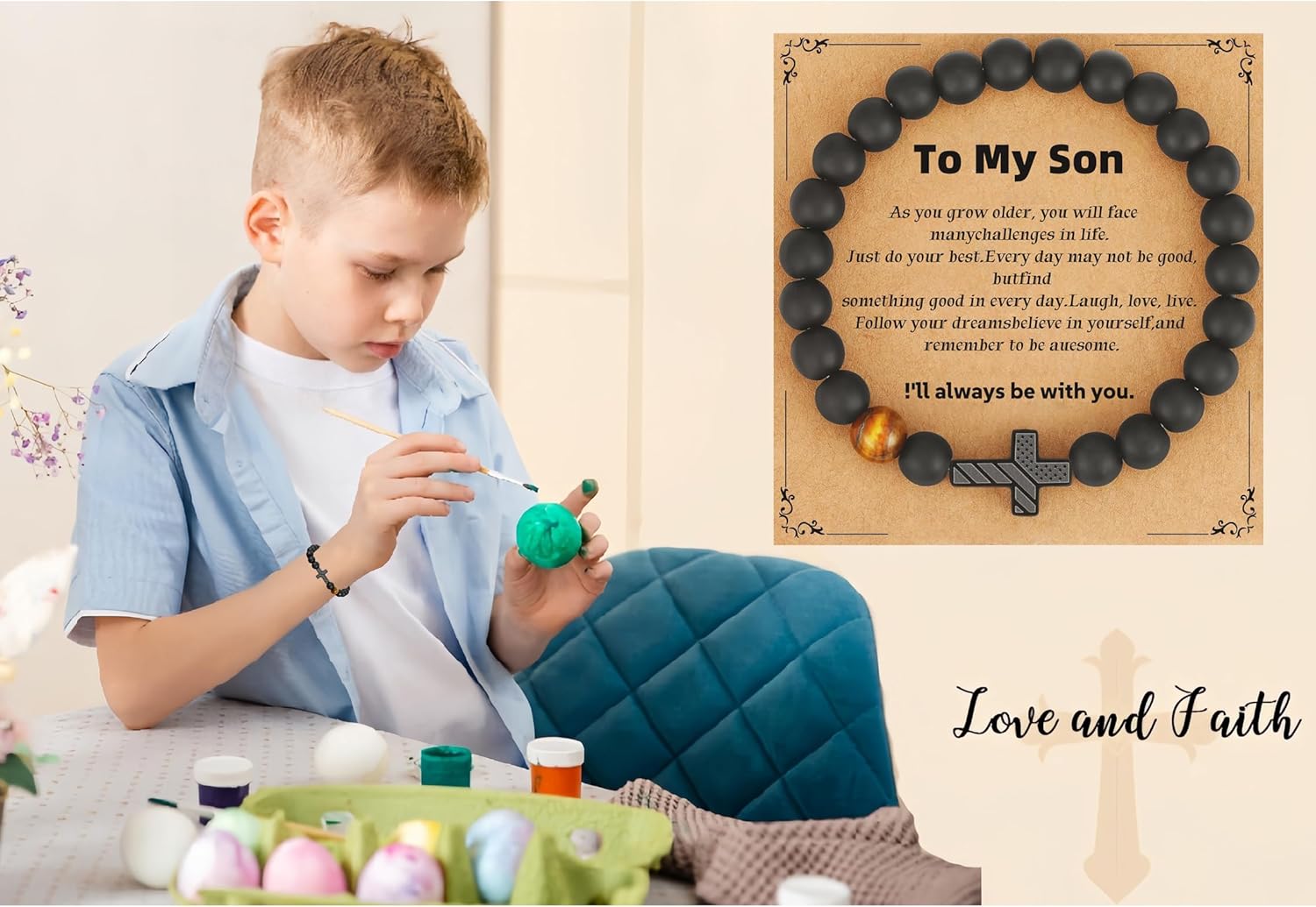 To Mens Gifts Cross Bracelet for Son, Dad, Husband，American Flag Cross Beads Bracelet ，Christian ReligiousChristmas Easter Baptism Jewelry Gifts - Image 3