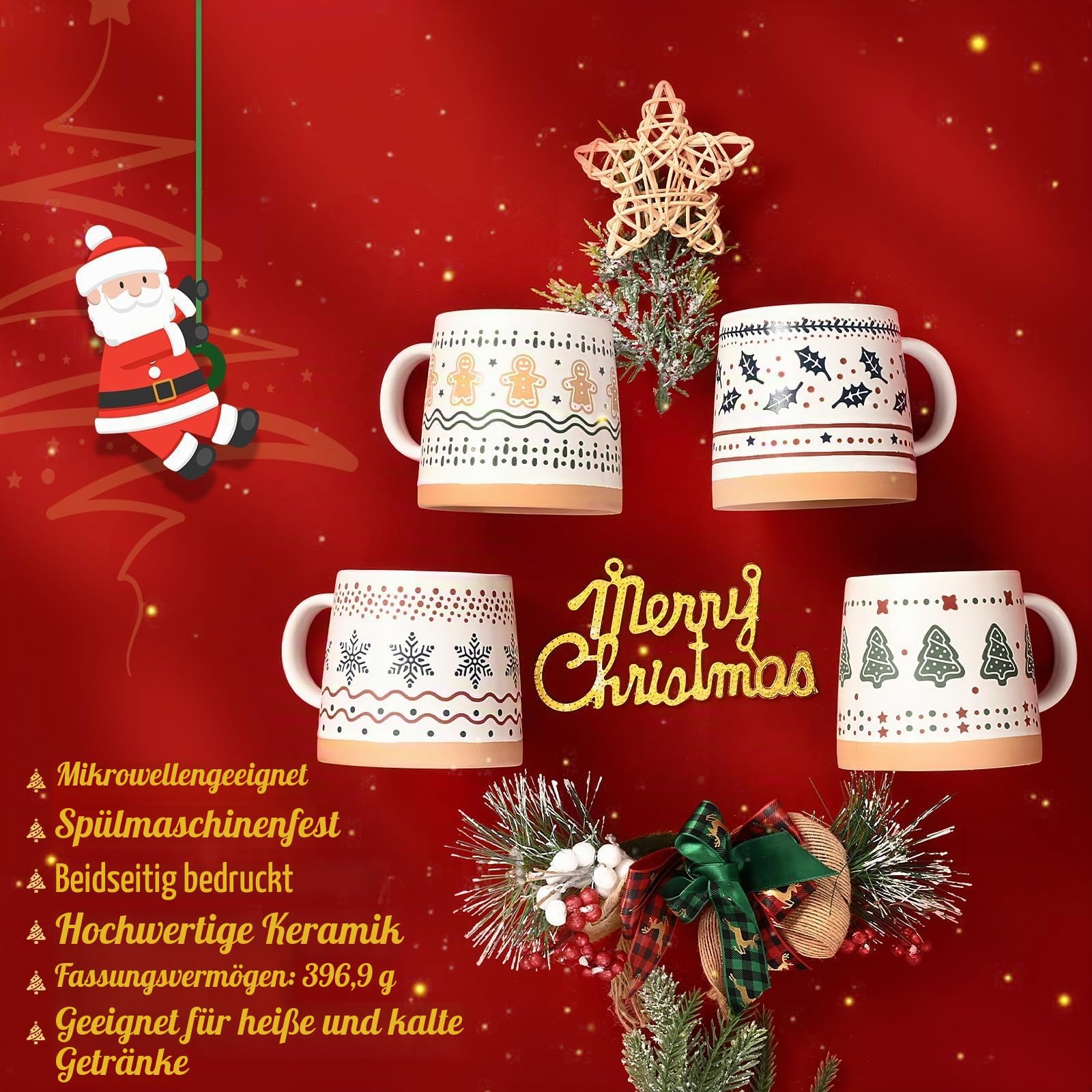 Joymaking Tasse Weihnachten Set Weihnachtsgeschenke für Frauen Freunde Kaffeetasse mit Weihnachtsbaum Schnee Lebkuchenmann Weihnachtstasse für heißen Kakao Glühwein, 400ml 4er Set Weihnachtstassen