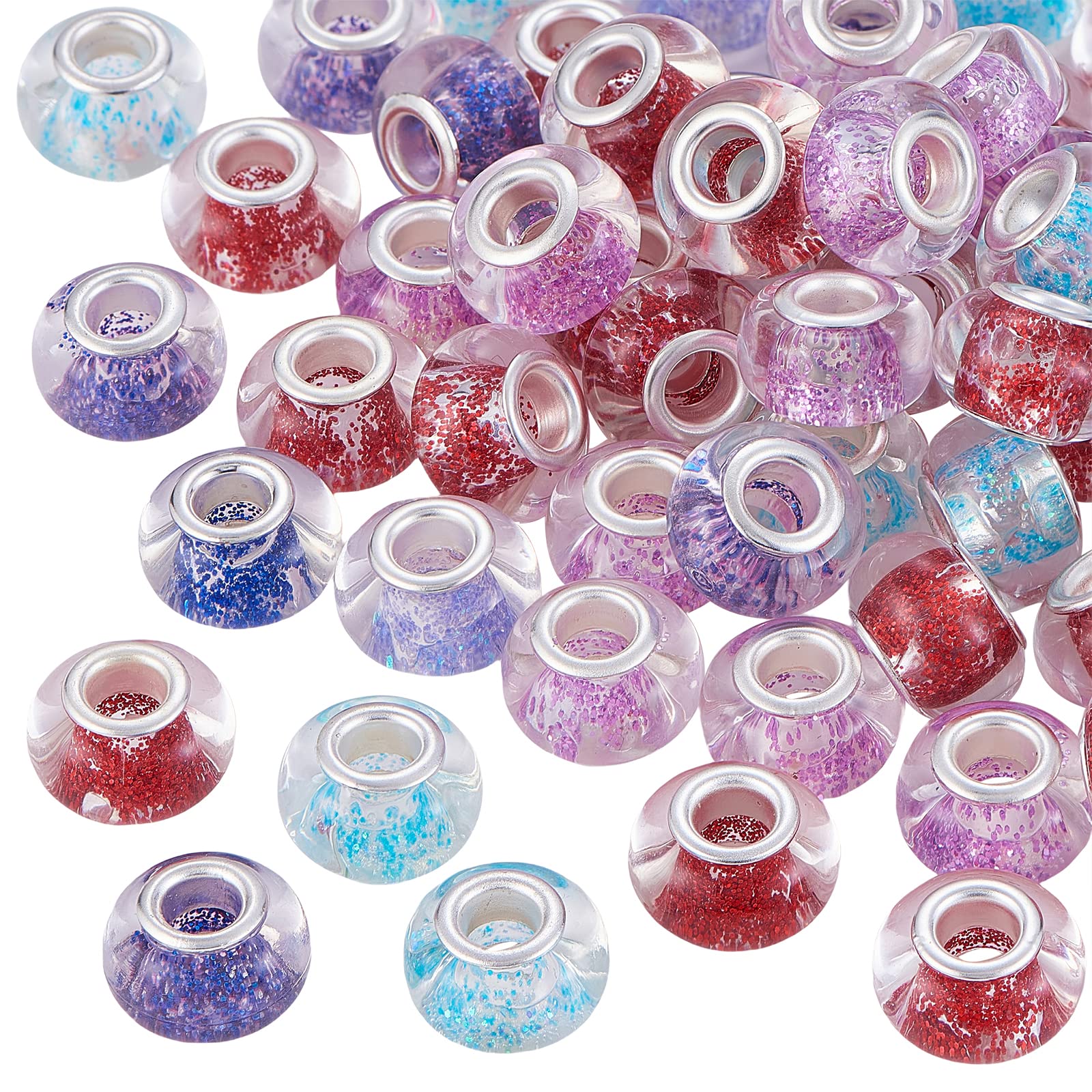 UR URLIFEHALL 100 Pcs Colourful Resin European Beads with Glitter Powder Large Hole Beads for Bracelet Necklace Earring Jewellery Making