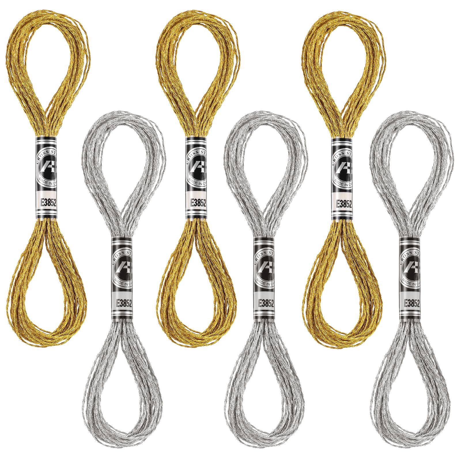 Hariendny 6 Skeins Glitter Silver & Gold Metallic Embroidery Thread Set, Embroidery Floss, Polyester