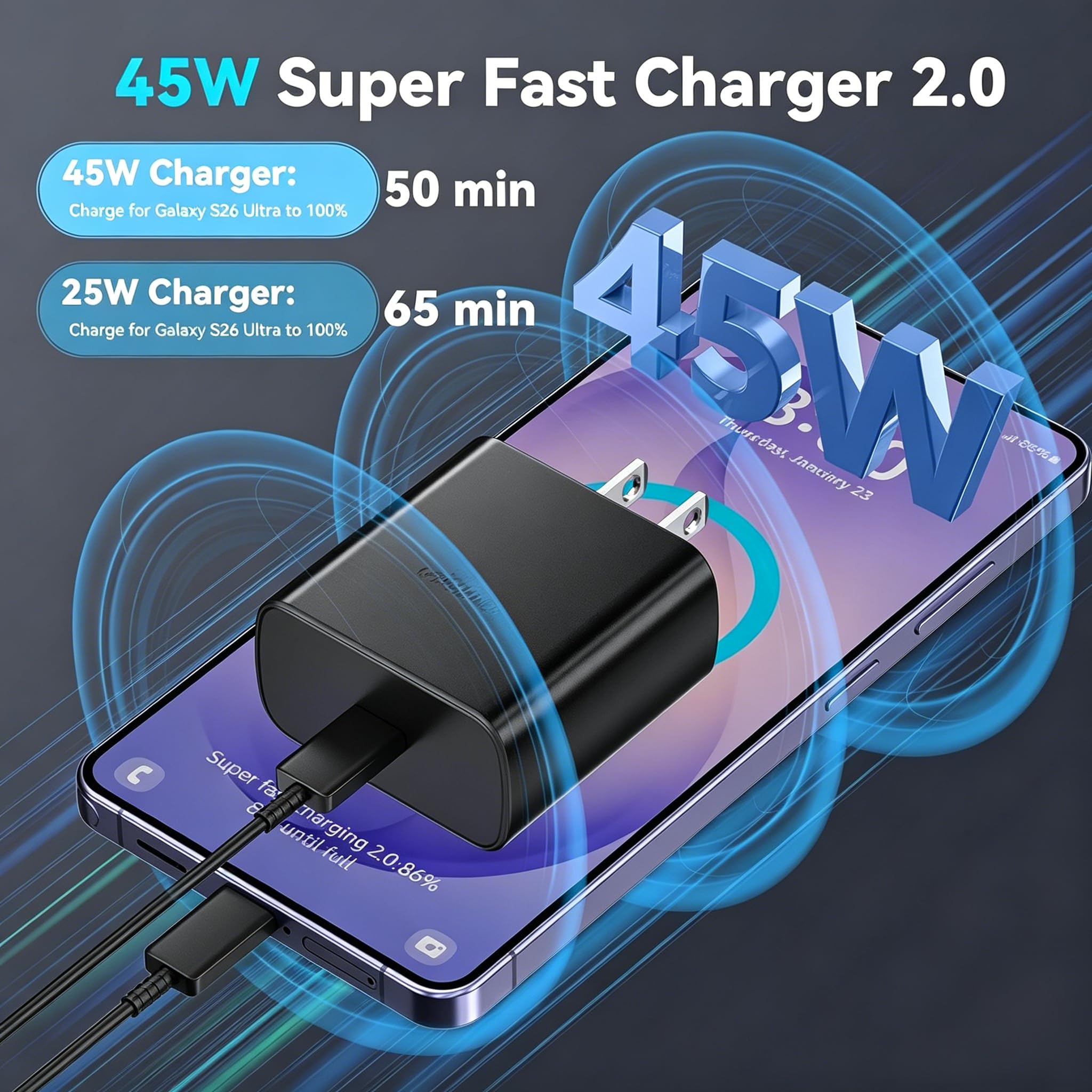 45 W Super Schnellladegerät USB C Android Handy Typ C Ladegerät Schnellladeblock mit 1,8 m Ladekabel für Samsung Galaxy S25 Ultra/S25+/S24 Ultra/S24+/S23 Ultra/S23+/S22/S21/S20/Note 10, Schwarz