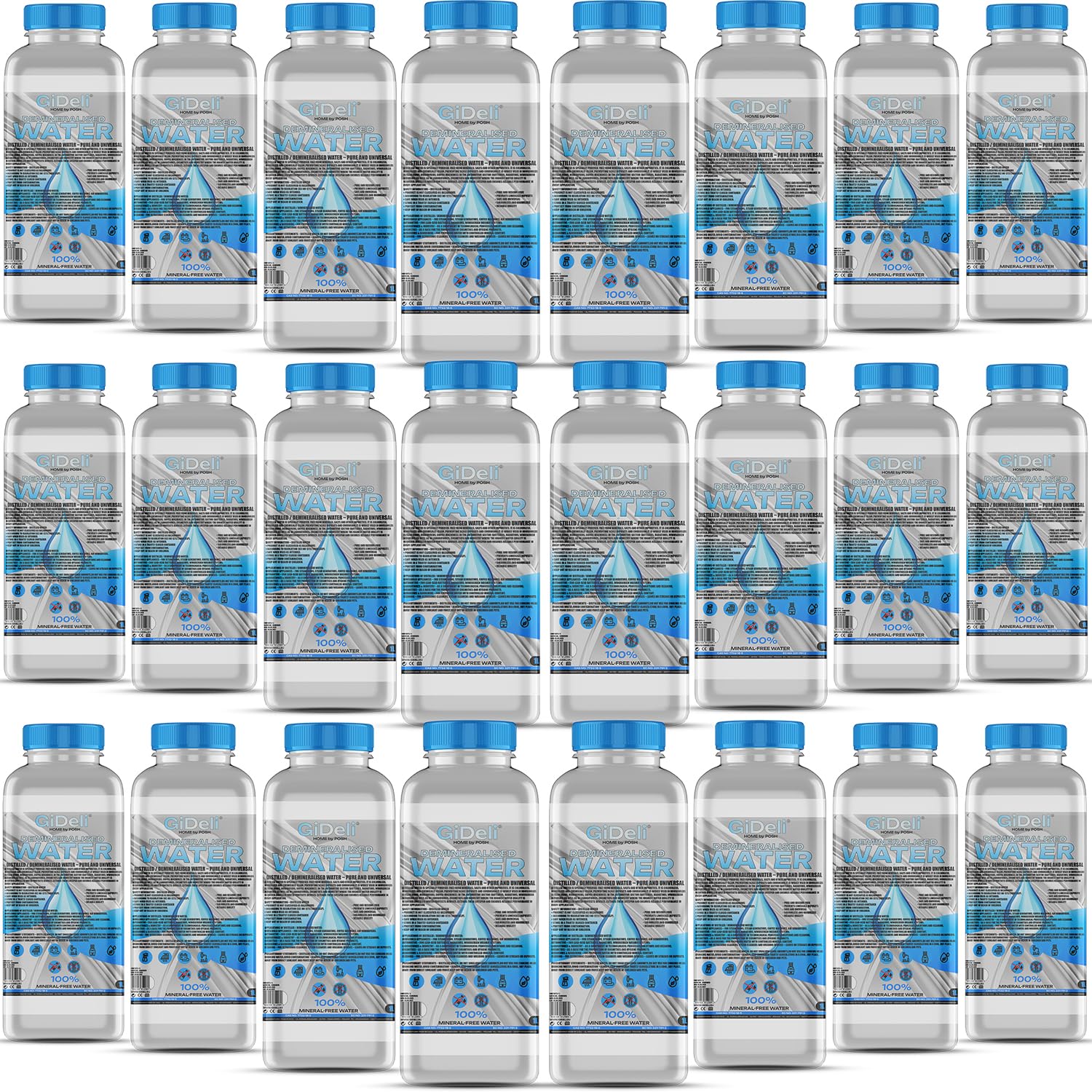 GiDeli Acqua demineralizzata 24 x 1L Acqua distillata per ferro da stiro, batterie, refrigeratore, umidificatore, acquario e laboratorio acqua senza calcare, inodore, trasparente