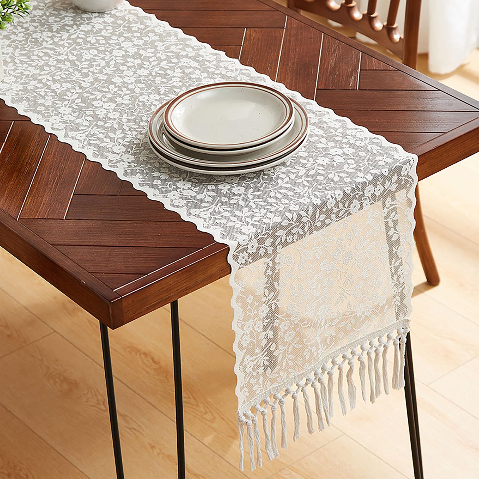 KLUSIET Long Table Runner with Tassels, Macrame Table Runners, Woven Lace Table Runner, Farmhouse Table Runner for Home Dining Table Décor(102in,F)