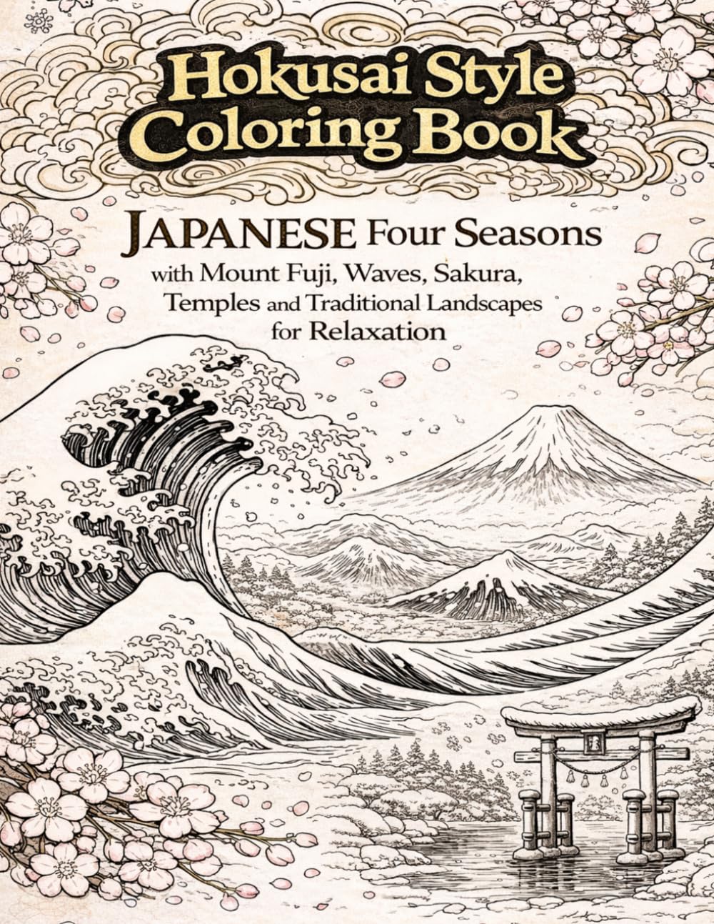 Hokusai Style Coloring Book: Japanese Four Seasons with Mount Fuji, Waves, Sakura and Temples: A Premium Adult Coloring Book for Relaxation, Stress Relief and Mindfulness Inspired by Japanese Art