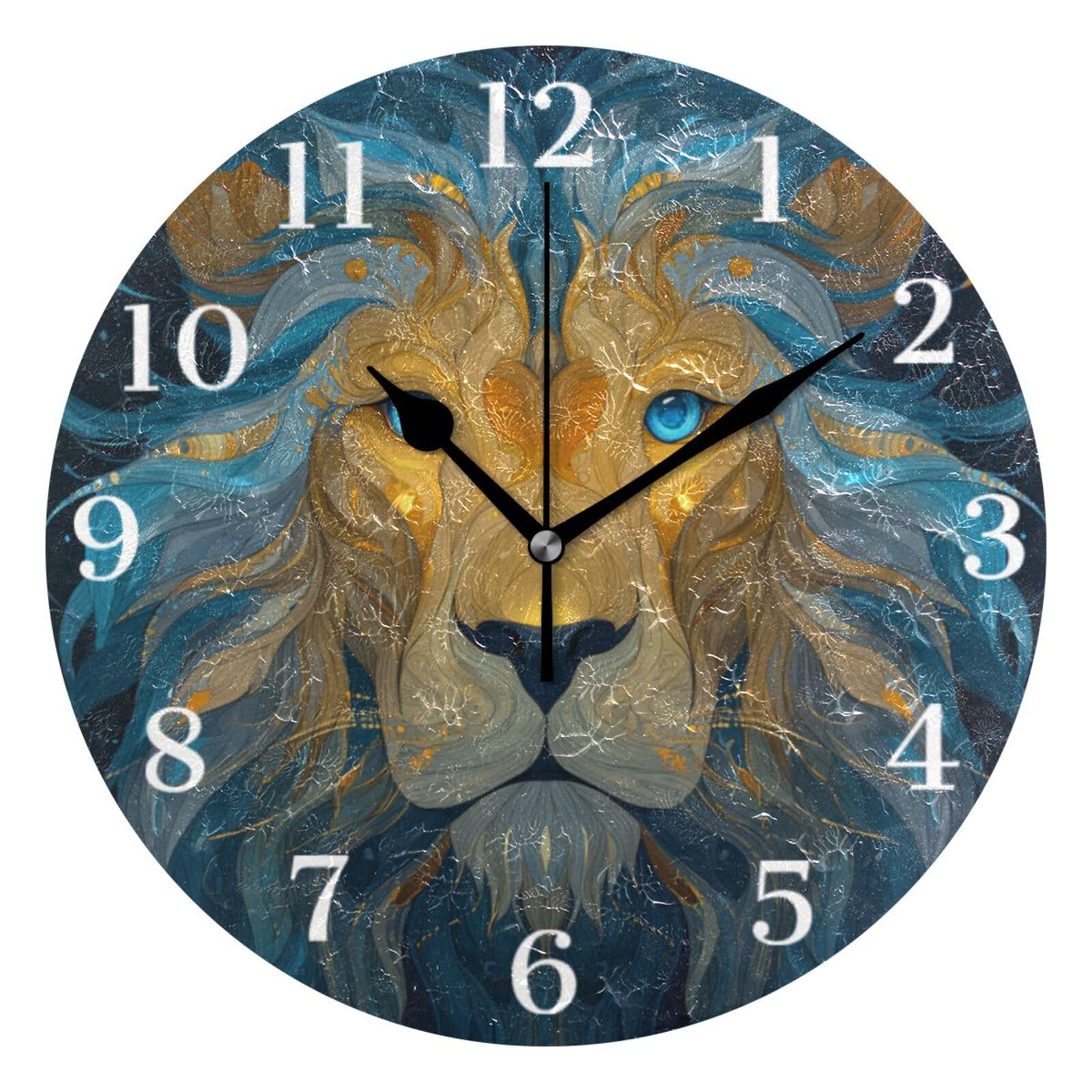 Ensound Blue Yellow Lion Wall Clock Silent Non-Ticking Battery Operated Clocks 12 Inch for Kitchen Home Living Room