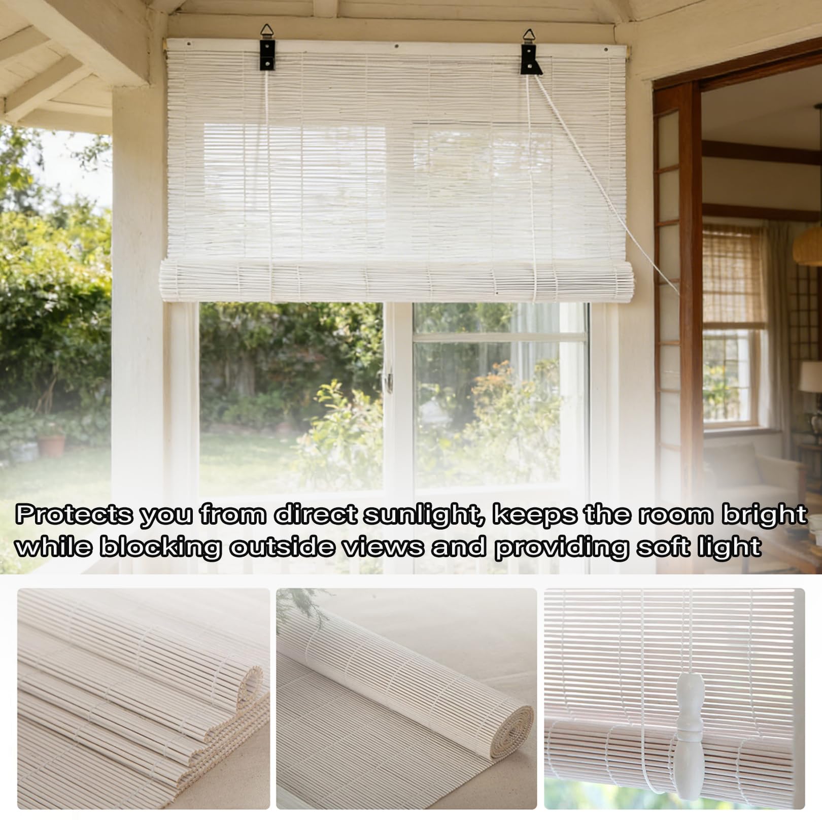 Stores enrouleurs en bambou avec blocage des UV pour fenêtres et portes - Écrans solaires de style romain pour chambre à coucher, cuisine, patio et terrasse - Blanc - 100 x 220 cm