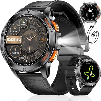 LIGE GPS Smartwatch Herren, Barometerdruck/Höhenmesser/Kompass, 1,43″ AMOLED Smart Watch mit LED Taschenlampe/170 Sportmodi/5ATM/Bluetooth Anrufe/Gesundheitsmonitor für Android iOS,DM1-K