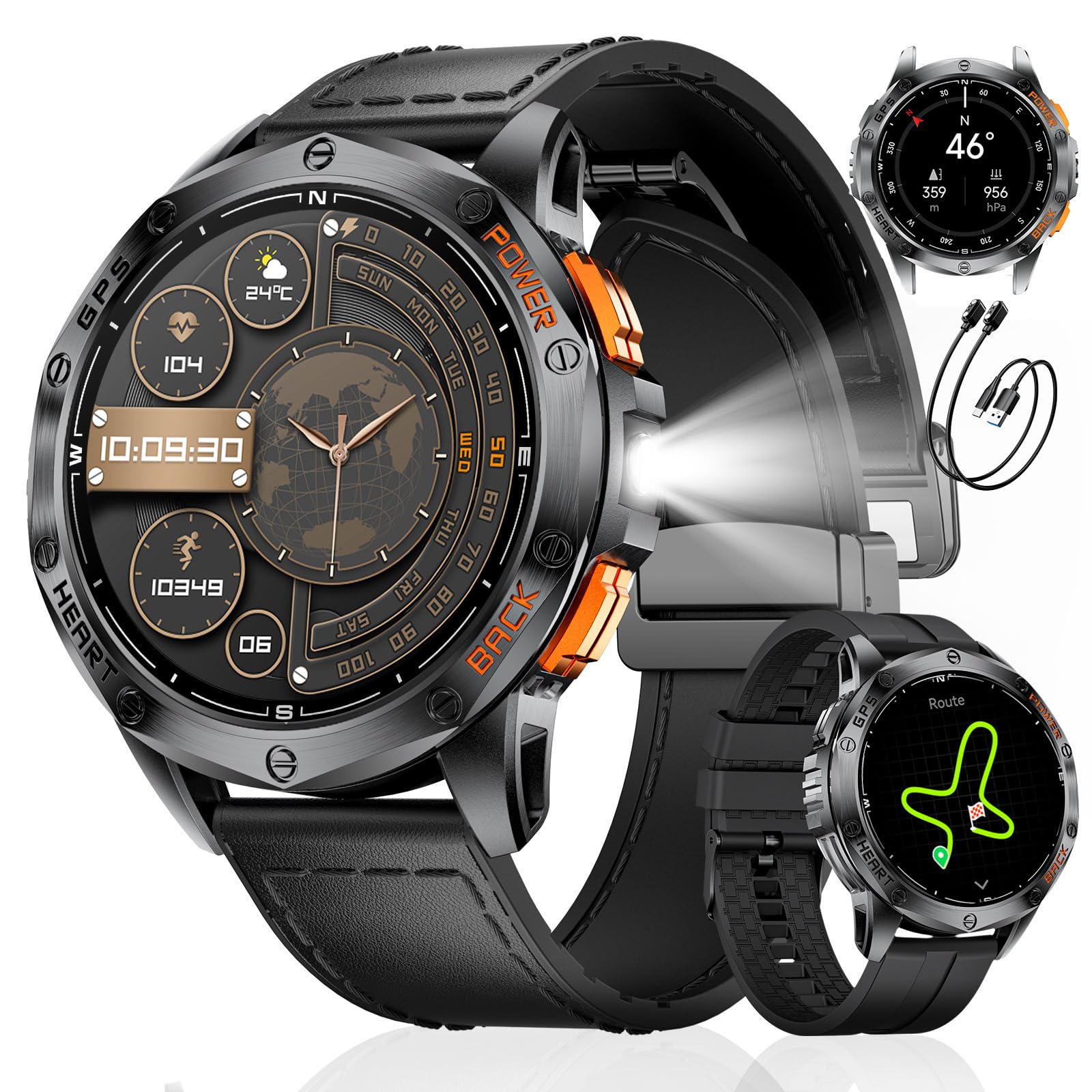 LIGE GPS Smartwatch Herren, Barometerdruck/Höhenmesser/Kompass, 1,43" AMOLED Smart Watch mit LED Taschenlampe/170 Sportmodi/5ATM/Bluetooth Anrufe/Gesundheitsmonitor für Android iOS