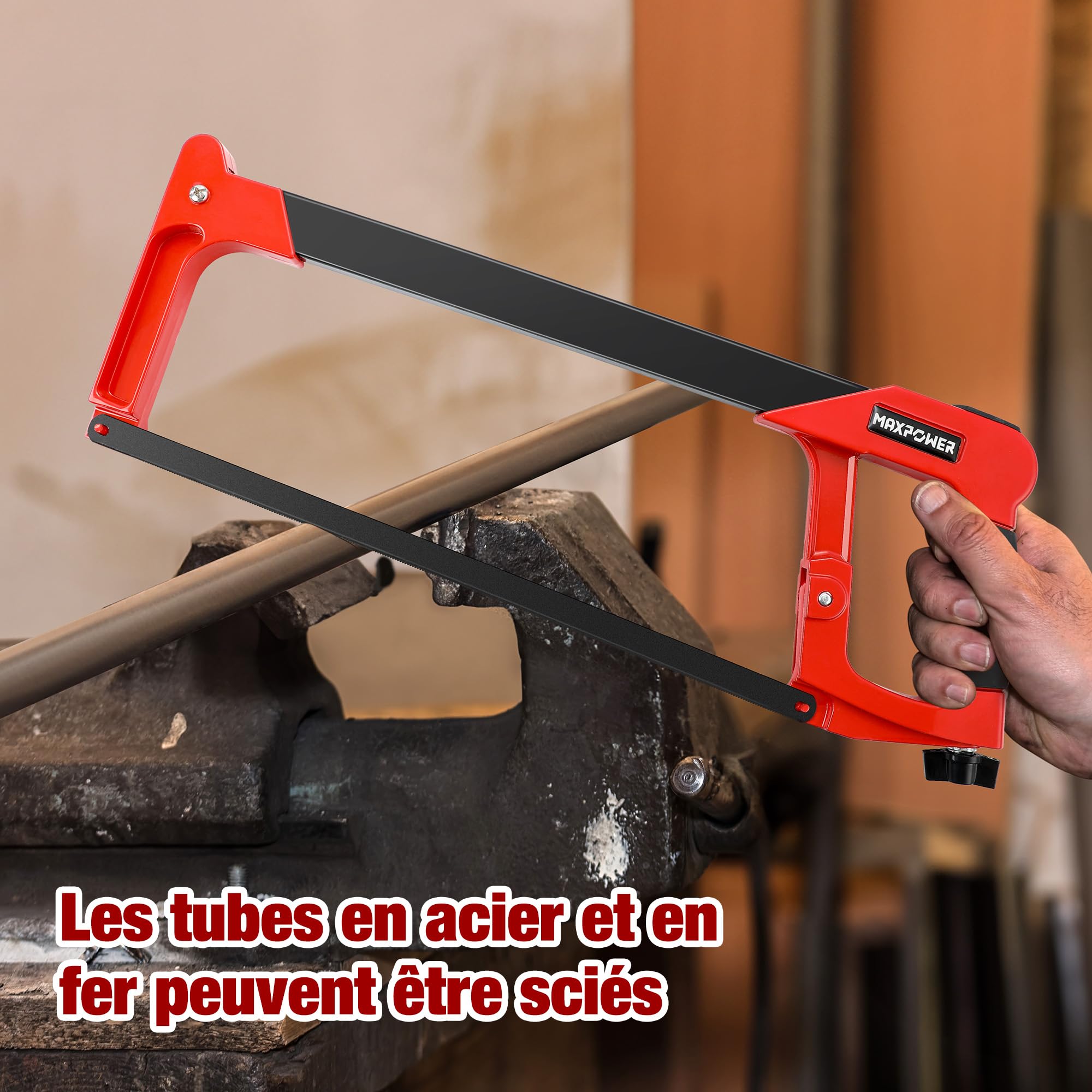 MAXPOWER Scie à Métaux 300 mm, Scie à Main avec 10 Lames de Rechange, 45°/90°, Métal, Bois, Acier, Tuyau PVC, Plastique, Professionnelle