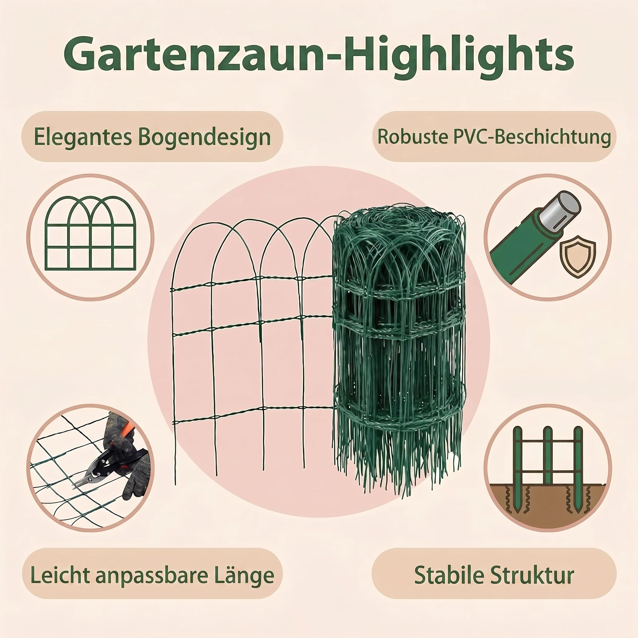 Amagabeli Gartenzaun, 0,4 m x 25 m, grün, 2,95 mm, RAL6005, PVC-beschichteter Metalldraht, rostfrei, für den Außenbereich, für Blumentiere