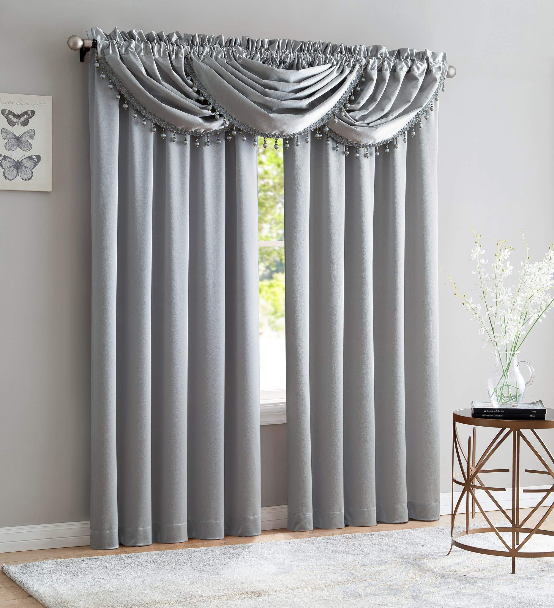 Bridget 5 Piece Crushed Satin Curtain Set with Beaded Austrian Valances, 84" Long (Silver)