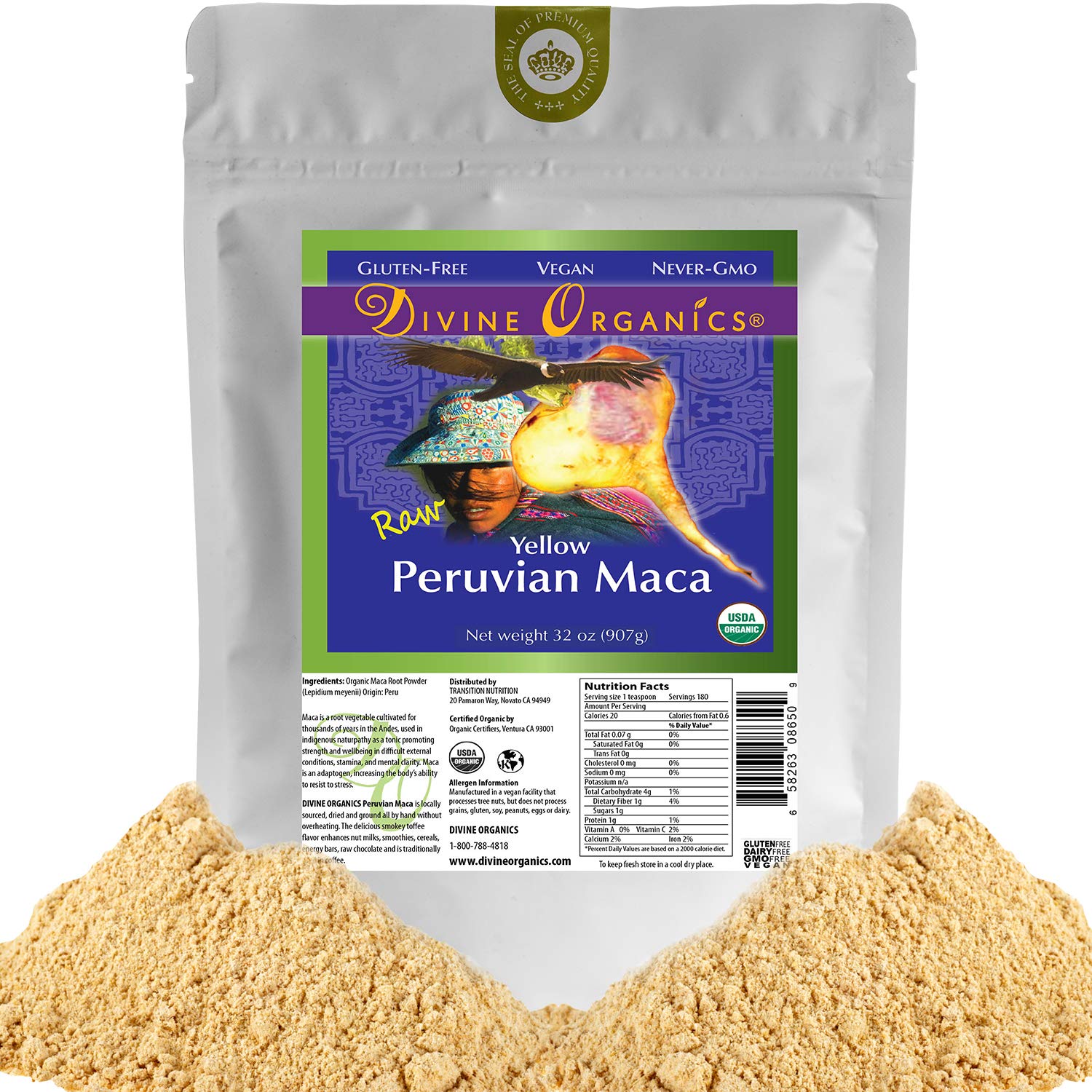 Divine Organics 2 Lb / 32 Ounce - Raw Peruvian Maca Powder - Certified Organic - Vegan, Antioxidant, Gluten Free - Mix in Coffee, Chocolate, Smoothies