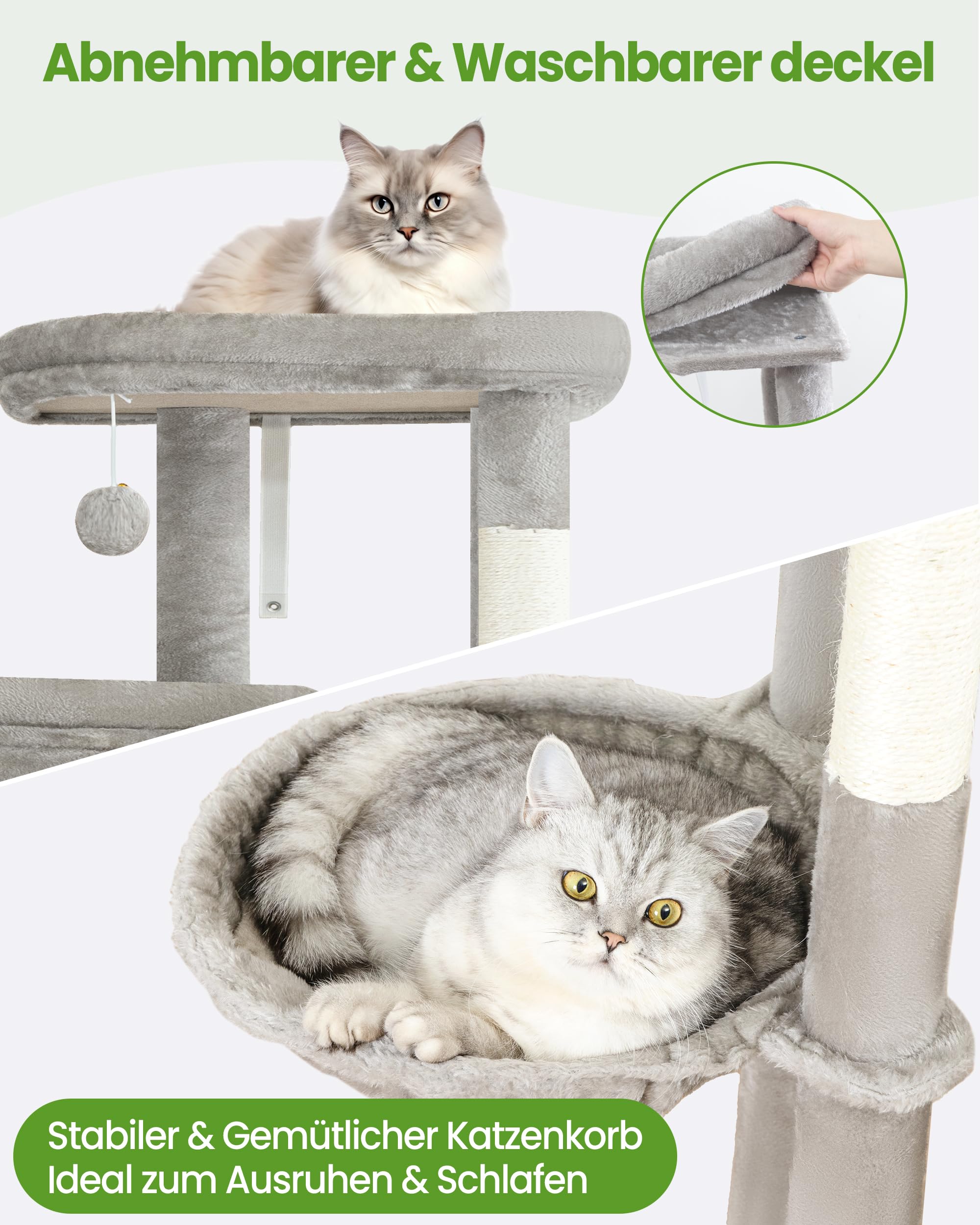 Kratzbaum Groß, Kratzbaum Grosse Katzen Stabil 213 cm hoch - Katzenbaum XXL, Mehrstöckiger Katzenbaum Hellgrau mit 5 Kratzsäulen, 6 Plüschbälle, Plattformen, Höhlen, Hängematte