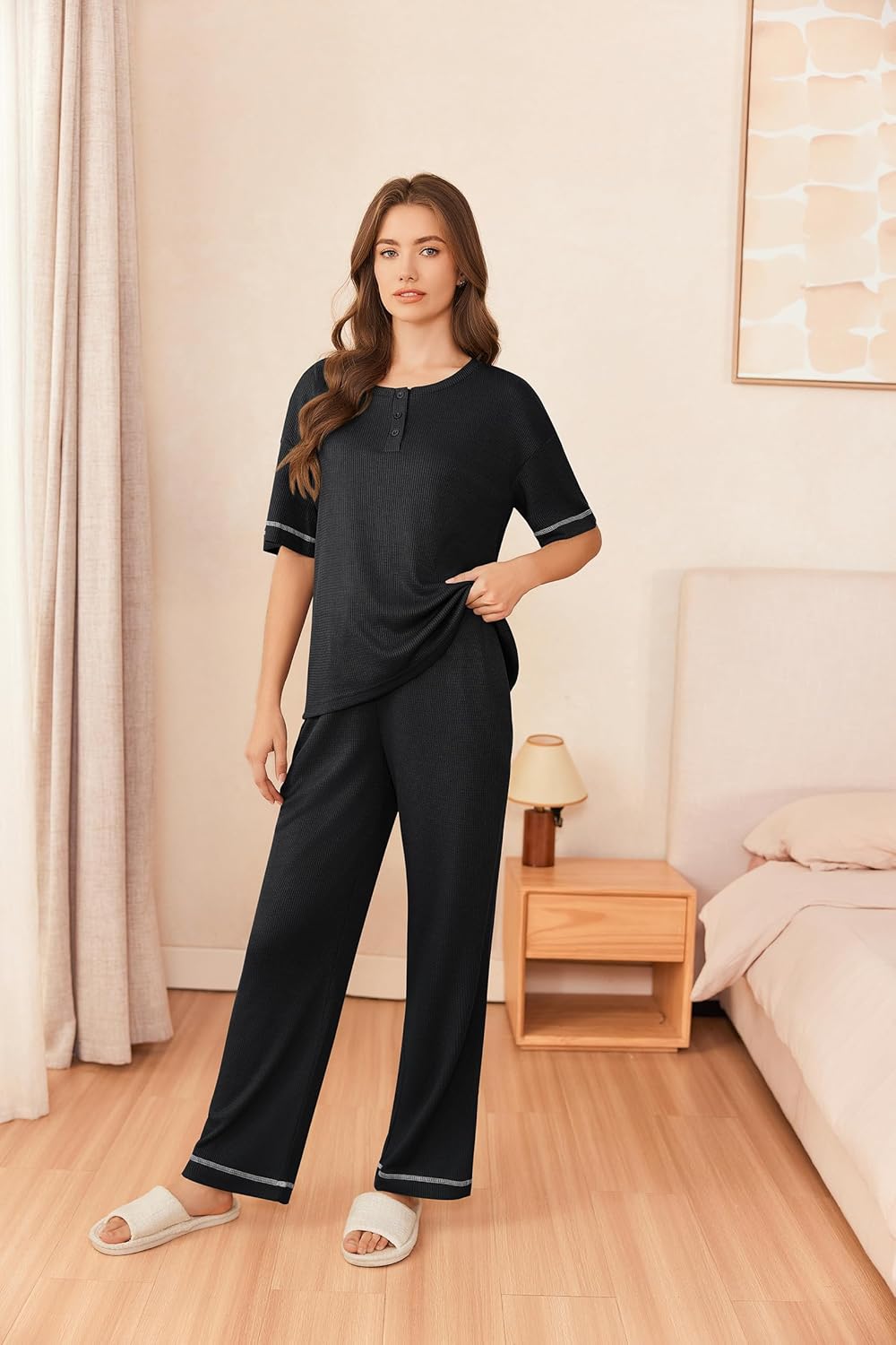 Ekouaer Lounge Sets for Women Waffle Knit Womens Pajama Sets 2 Piece Pjs Sets with Pockets Short Sleeve Top Long Pant - Image 3