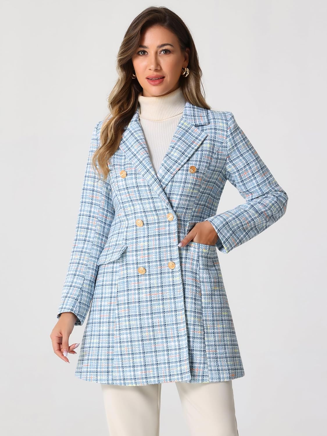 Allegra K Women's Tweed Blazers Elegant Double Breasted Long Jacket Outerwear Plaid Coat