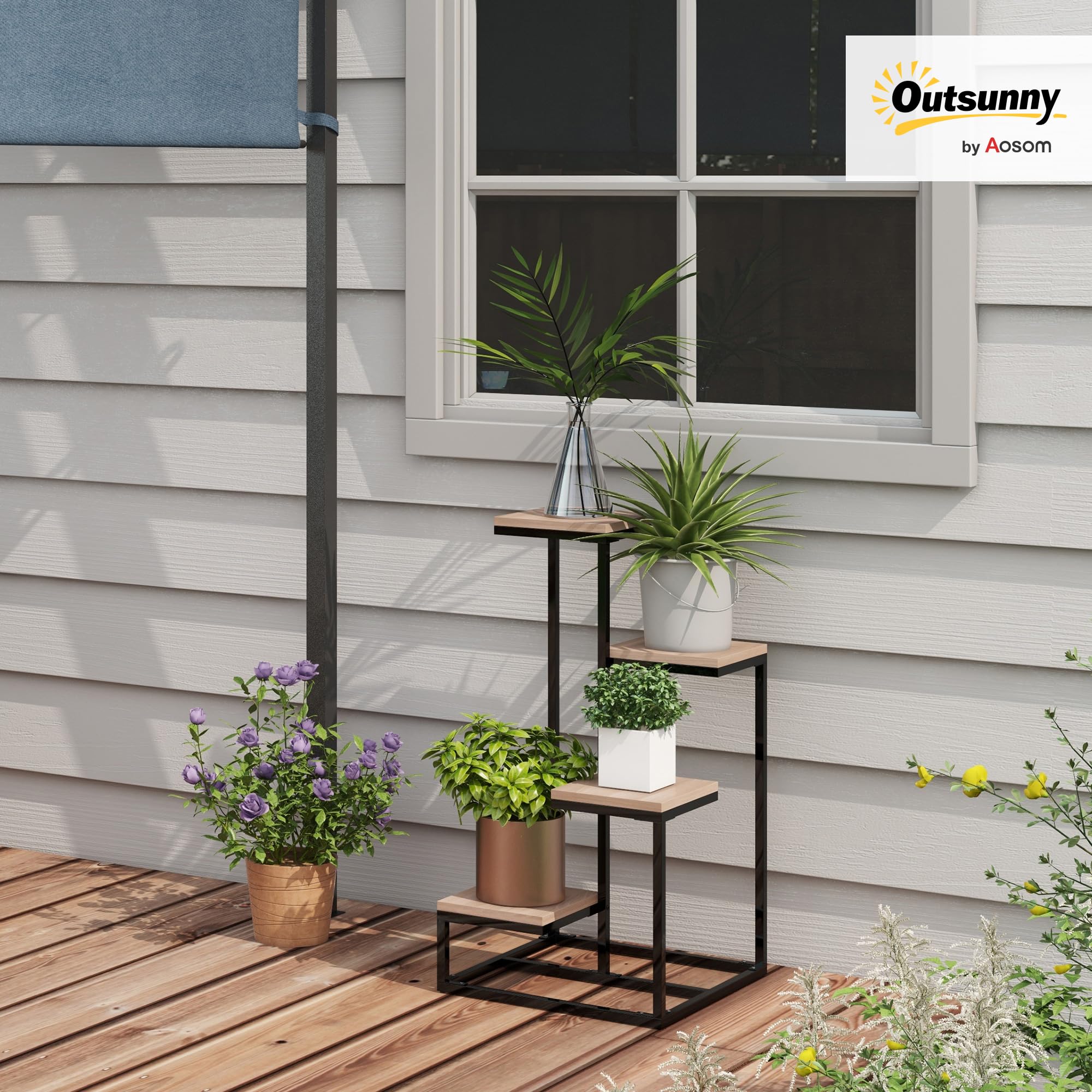 Outsunny Portapiante a 4 Livelli Interni Esterni 40x40x75.5 cm Marrone Nero | Scaffale Porta Fiori e Vasi, in Acciaio e Legno