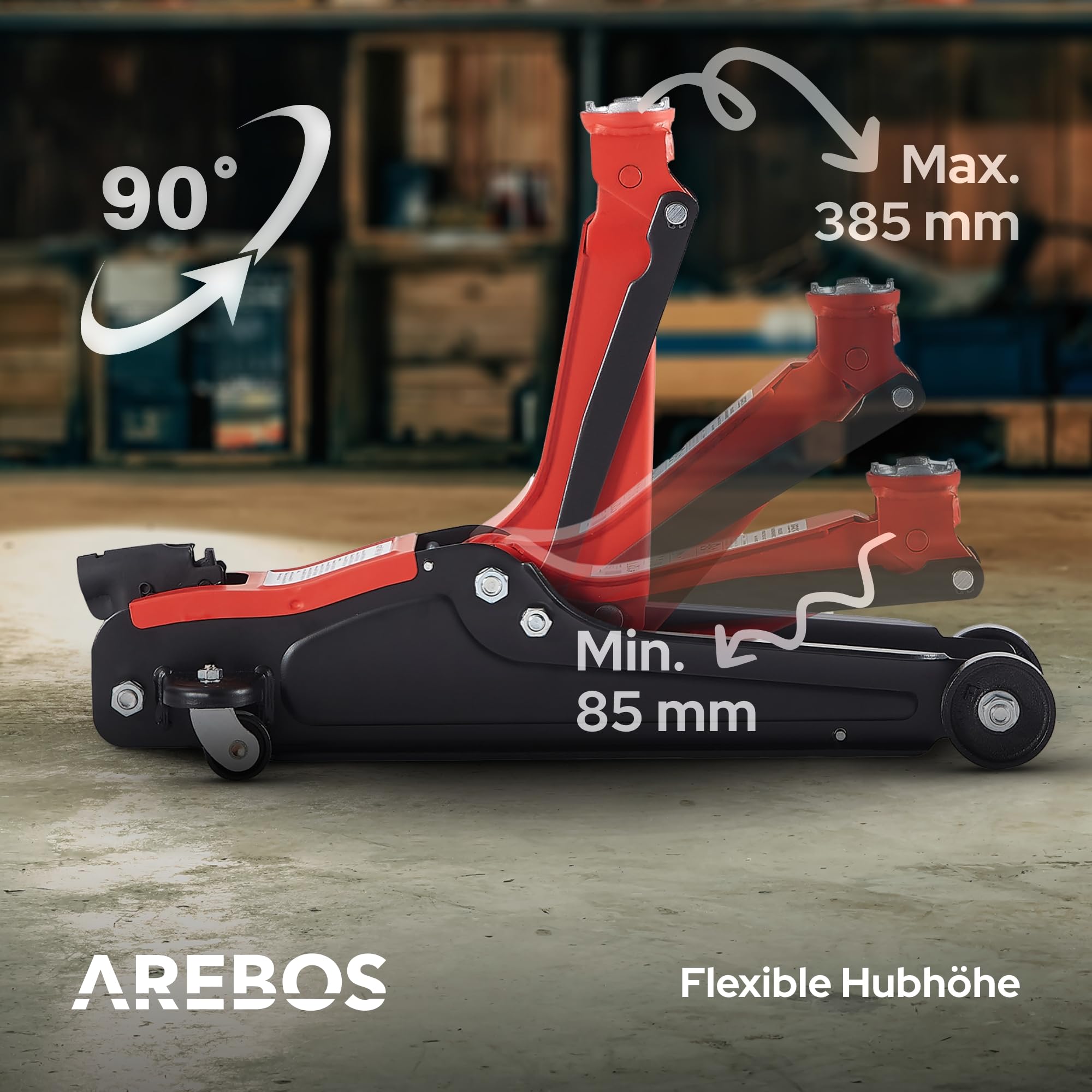 Arebos Hydraulischer Rangierwagenheber 2T | flach 85-385 mm | TÜV Zertifiziert | Wagenheber hydraulisch für PKW & Sportwagen | inkl. 4 Gummiauflagen