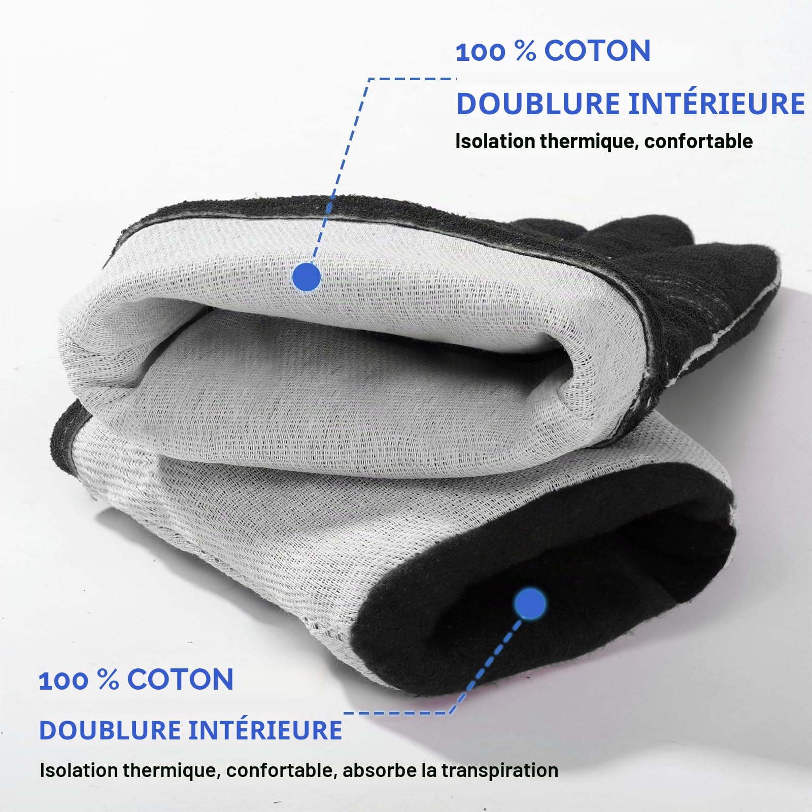 QeeLink Gants de soudure en cuir doublés résistants à la chaleur et à l'usure avec coutures ignifuges pour soudure/cheminée/barbecue/jardinage/travail