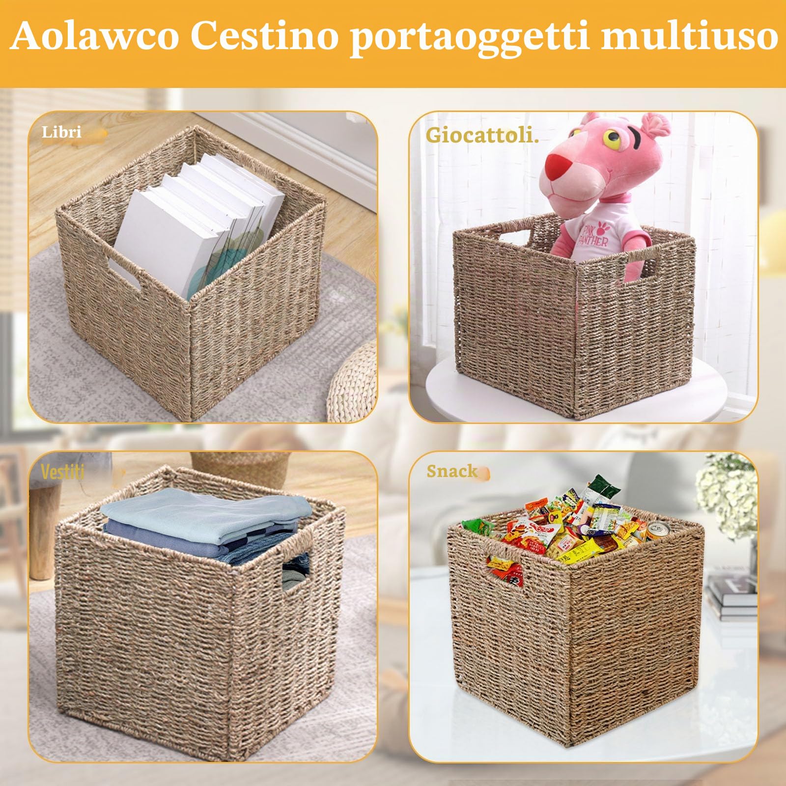 Kallax - Set di 4 cesti portaoggetti, pieghevoli, intrecciati, 28 x 28 x 28 cm, con maniglie, per mensole, dispensa, stanza