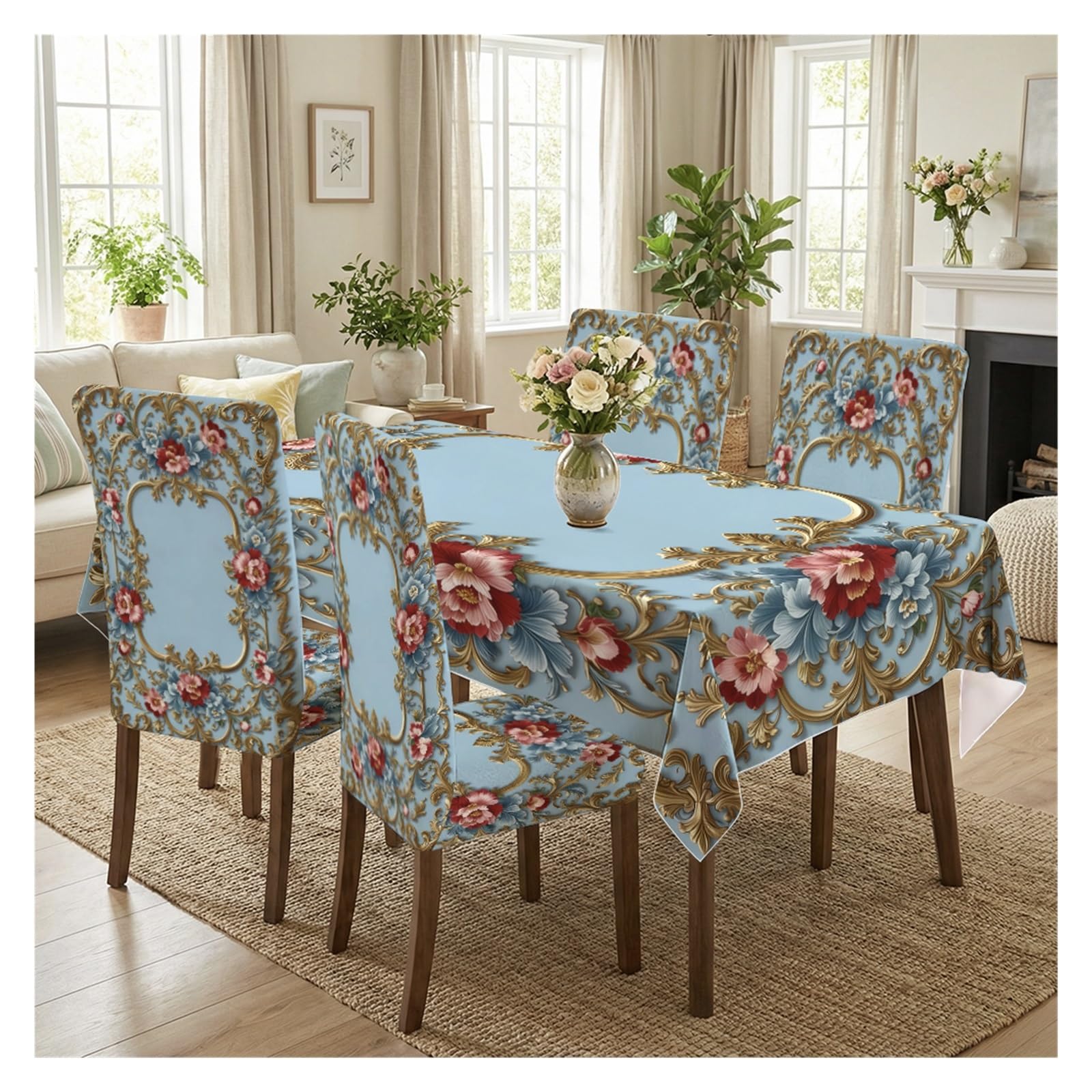 KXUAUV Stretch Dining Chair Slipcovers And Tablecloth Set, Vintage Blue Luxurious Golden Floral Print, 5/7 Pack For Dining Room Kitchen Home Decor Party Decor(5pcs Set: Tablecloth+Chair Covers)