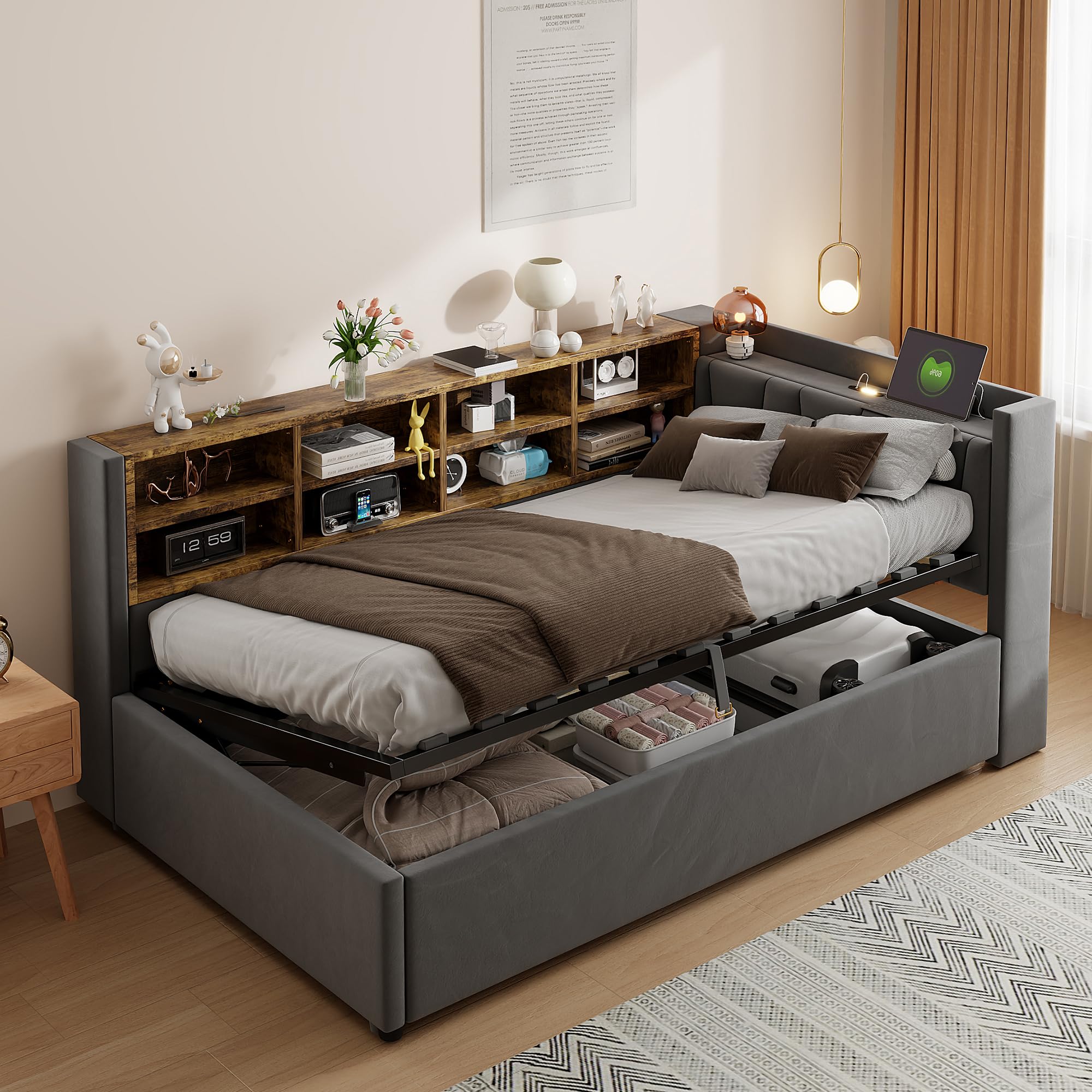 Divano letto 90 x 200 cm, letto imbottito con vano portaoggetti idraulico, con luce notturna, porta di ricarica USB e tipo C, con ripiani e scomparti, testiera imbottita, tessuto in velluto (grigio