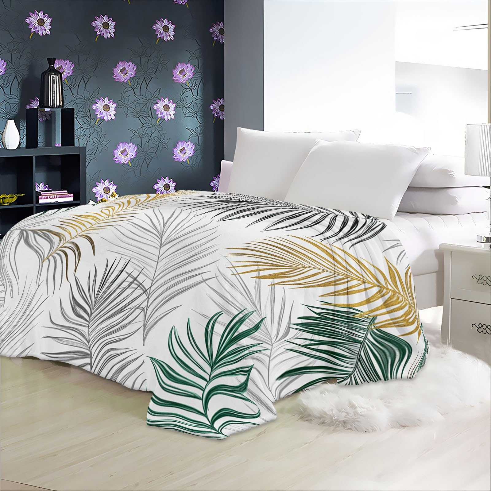 Coperta Plaid in Flanella di Pile Foglie di palma disegnate a mano 180x200 cm Super Morbida e Calda Coperta in Microfibra Letto Matrimoniale Singolo, Coperte per Bambina Bambino Regalo