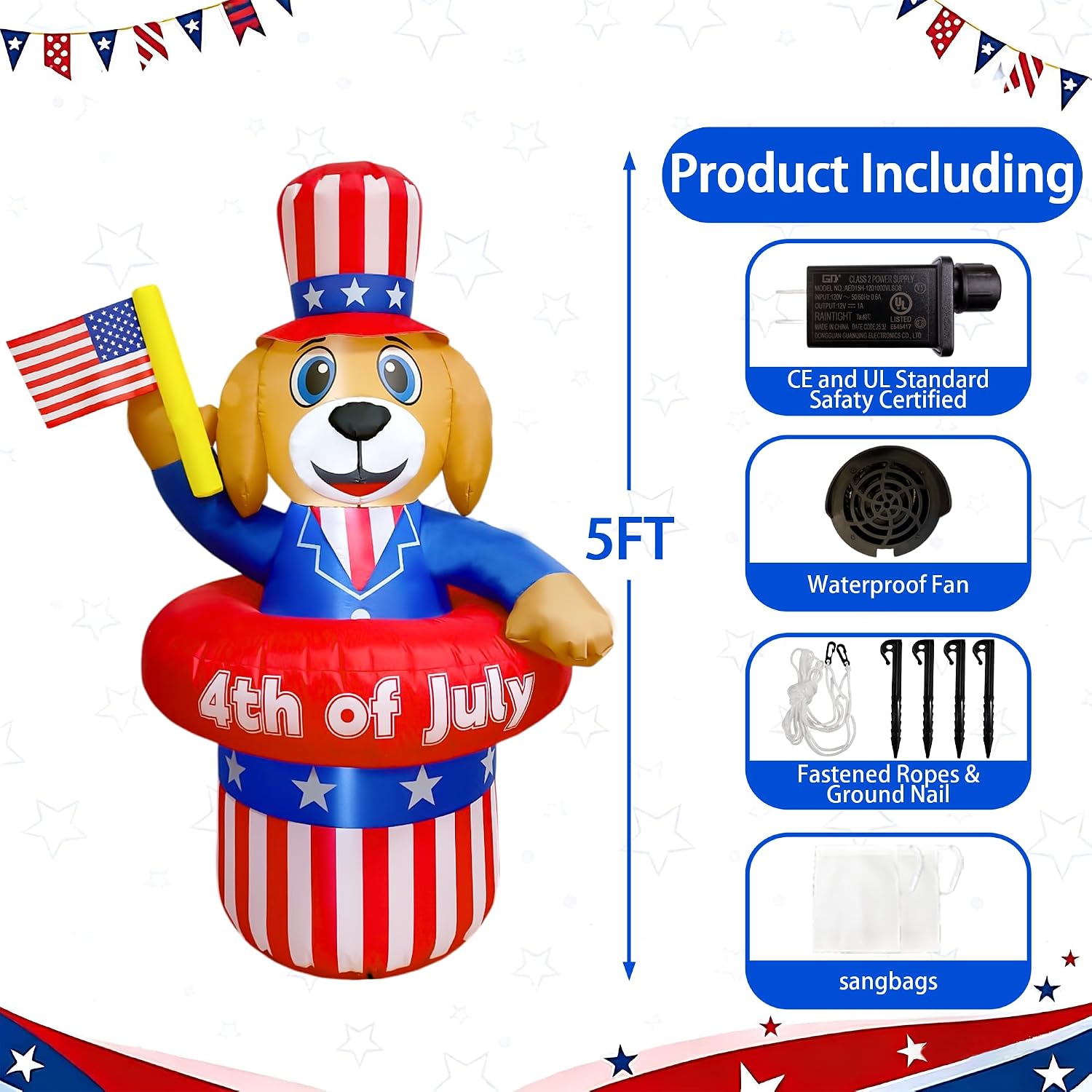 5FT Patriotic Independence Day 4th of July Memorial Day Inflatable Outdoor Decoration, Puppy in Hat Waving Flag, LED Lights Holiday Blow Up for Fourth July Party Garden Yard Lawn Decor