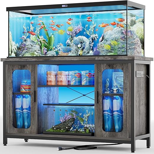 Unikito Reptile Tank Stand Fish Tank Stand with Power Outlets & LED Light, 55-75 Gallon Reversible Terrarium Stand with Cabinet, Metal Aquarium Stand for Reptile Terrarium, Turtle Tank, Black Oak