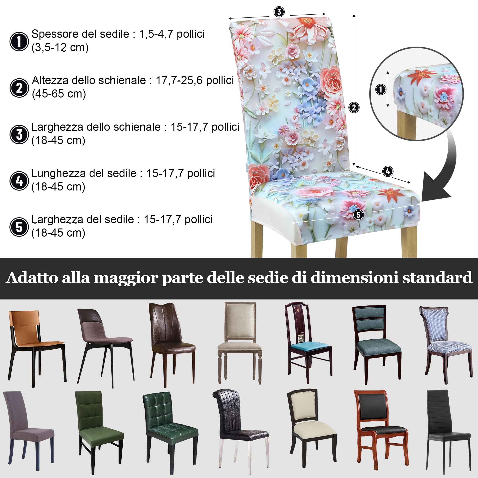 coprisedia con schienale、coprisedia elasticizzati、coprisedie antigraffio gatto、copri sedia da ufficio (set da 2/4/6 pezzi con schienale) per salotti, cucine, feste e hotel. (6, Fiori colorati)