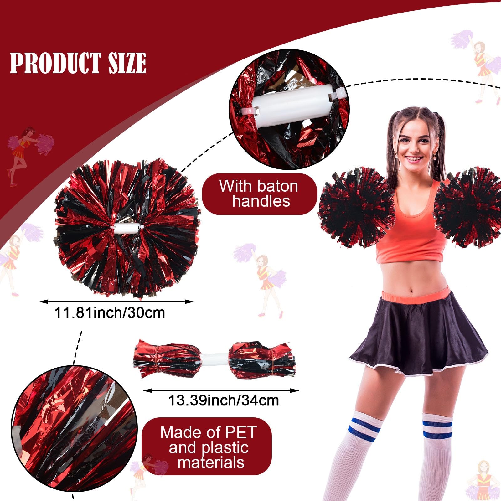 WILLBOND Lot de 12 pompons de pom-pom girl en feuille métallique avec poignée en plastique pour jeu d'esprit, sport, danse, équipe de football (noir et rouge)