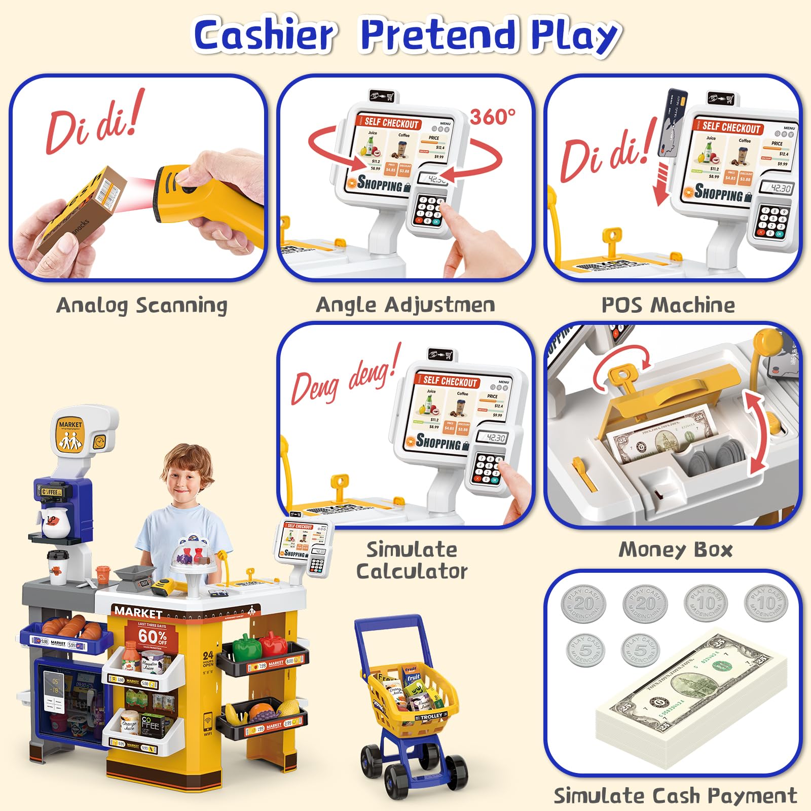 Pretend Grocery Store DeAO Supermarket Playset For Kids - Working