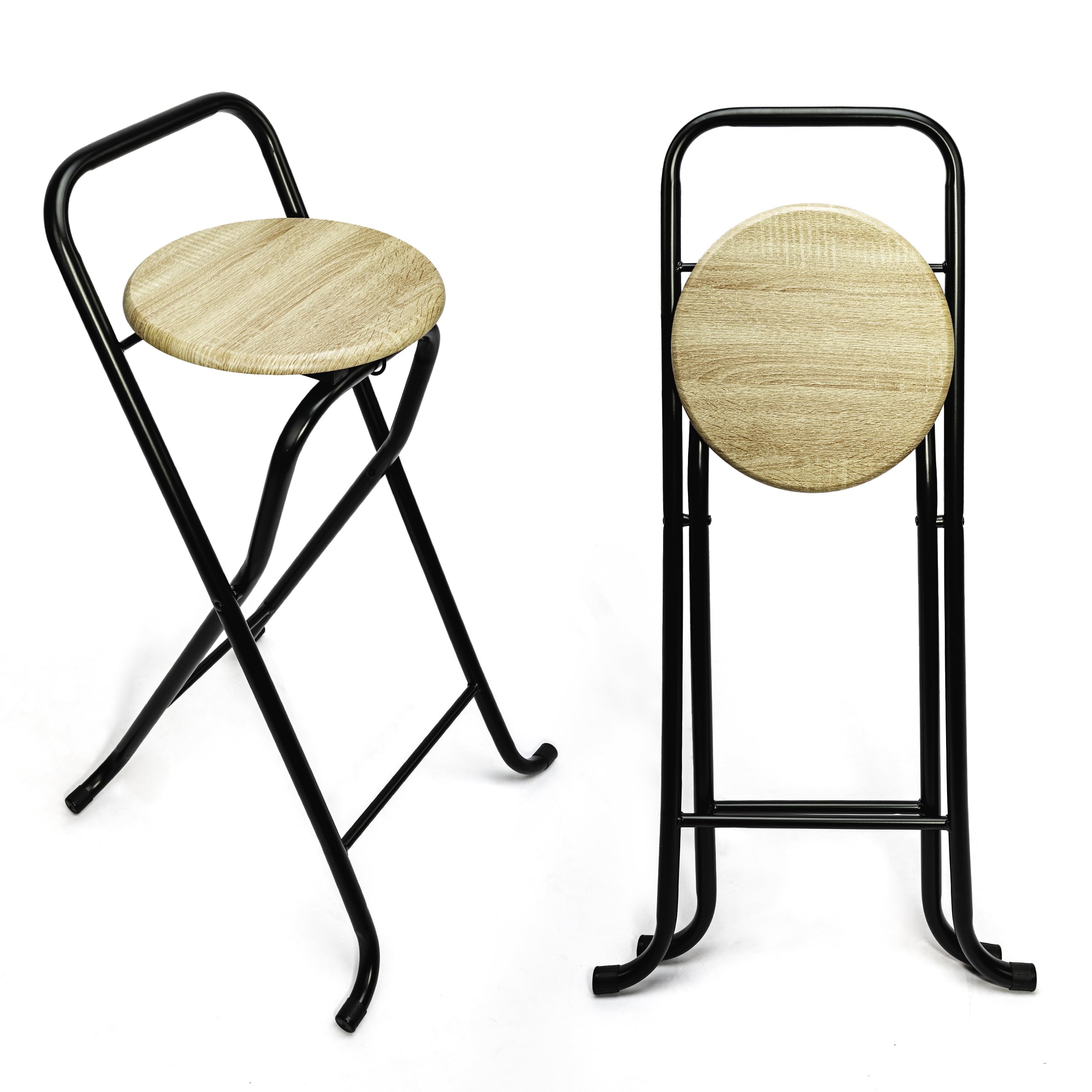 BESCH Taburete Plegable Alto 44x46x80cm con Respaldo - Silla Plegable de Metal y con Base de Madera Natural Ideal para Cocina, Salón, Bar (46x46x98cm, Base Color Roble Blanco)