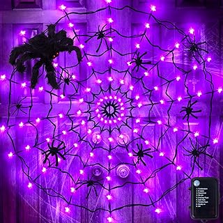 4.7ft 96LED Halloween Spider Web Lights Decorations Outdoor, Light Up Spider Web Net Lights with 11Black Spider, Battery Operated Purple Lights Halloween Decor Indoor Window Wall Garden Yard Patio