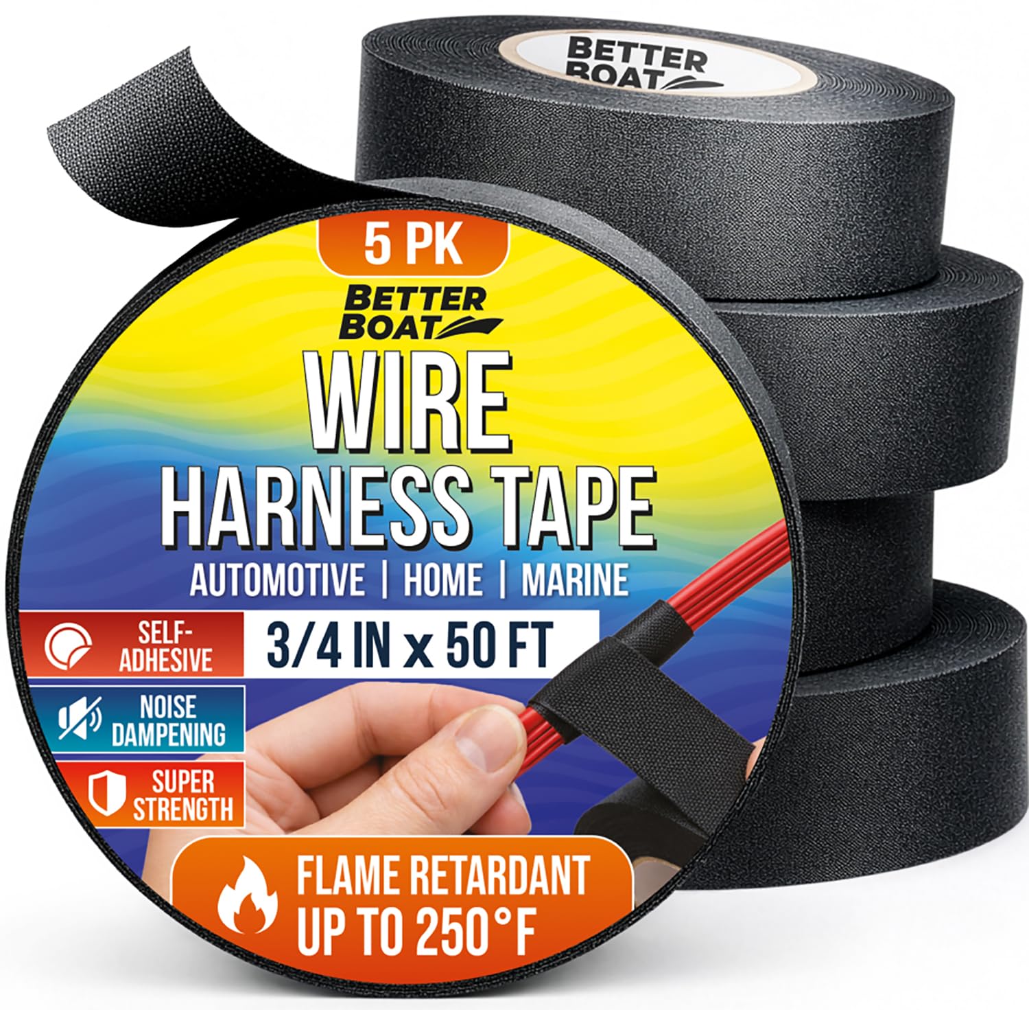 Better Boat 5pk Wire Harness Tape, Heat Resistant Loom Fabric Wrap, High-Temperature Cloth Electrical Wiring, 3/4" x 50ft, Marine and Automotive Felt
